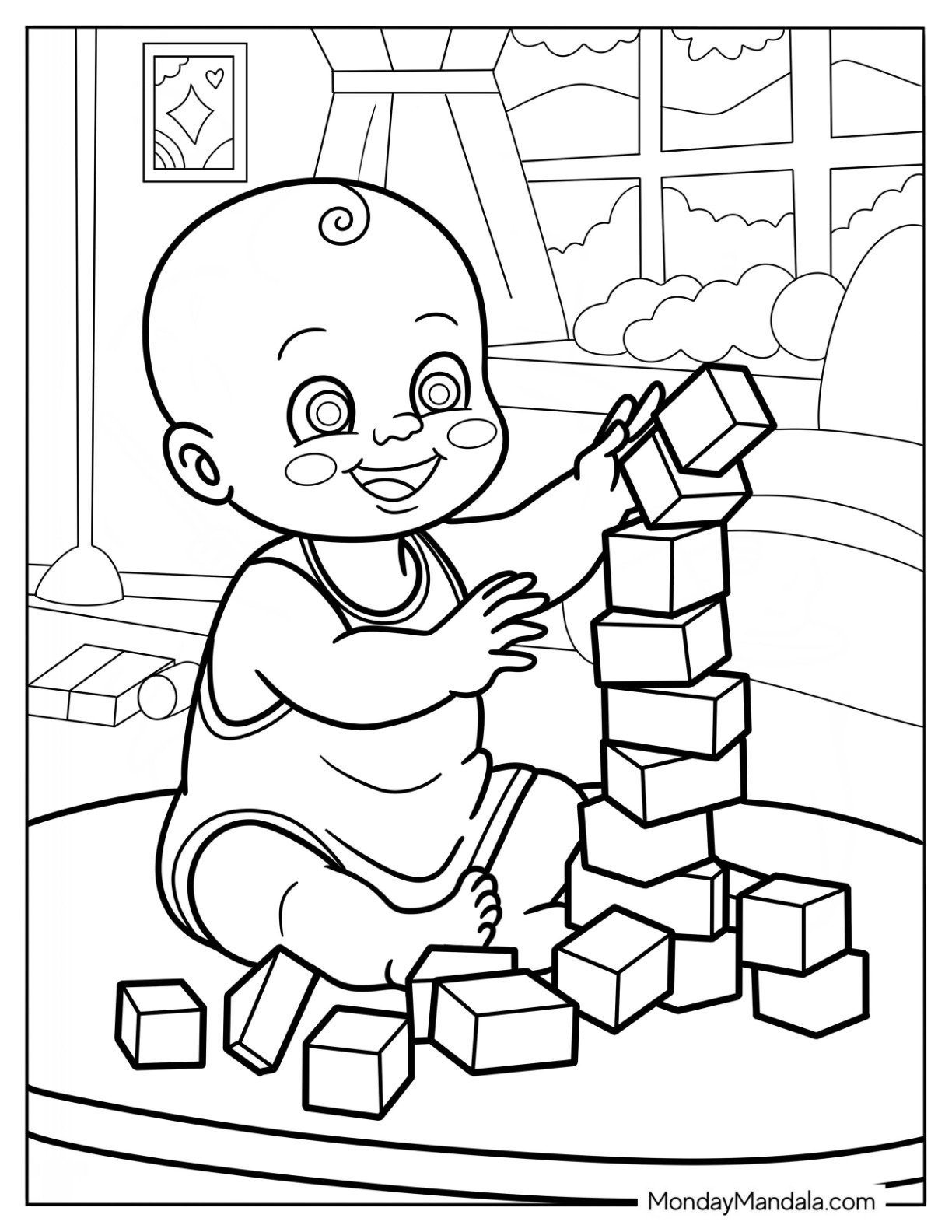 Cute Baby Coloring Page Playing With Blocks For Kids