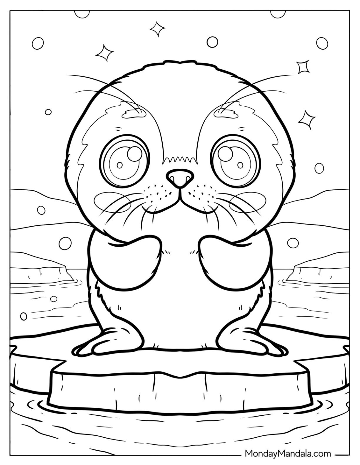 Cute Coloring Page of Baby Seal on Ice for Kids