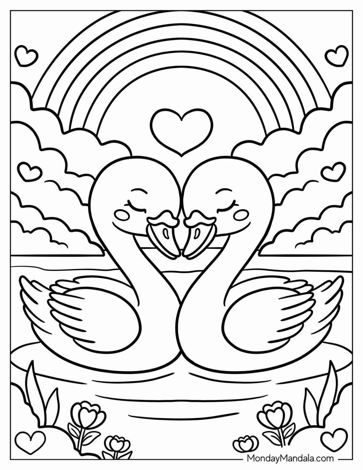 Cute Baby Swan Coloring Page with Rainbow and Love Hearts for Kids