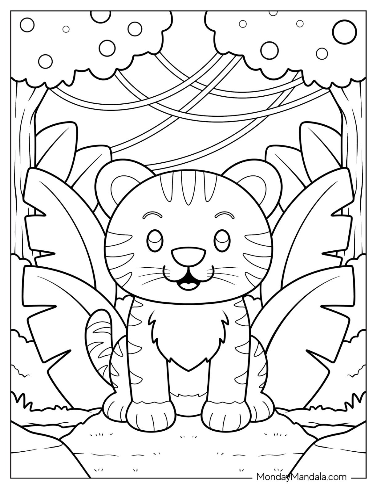 Cute Baby Tiger Sitting in the Middle of a Lush Jungle Jungle Coloring Page for Preschoolers