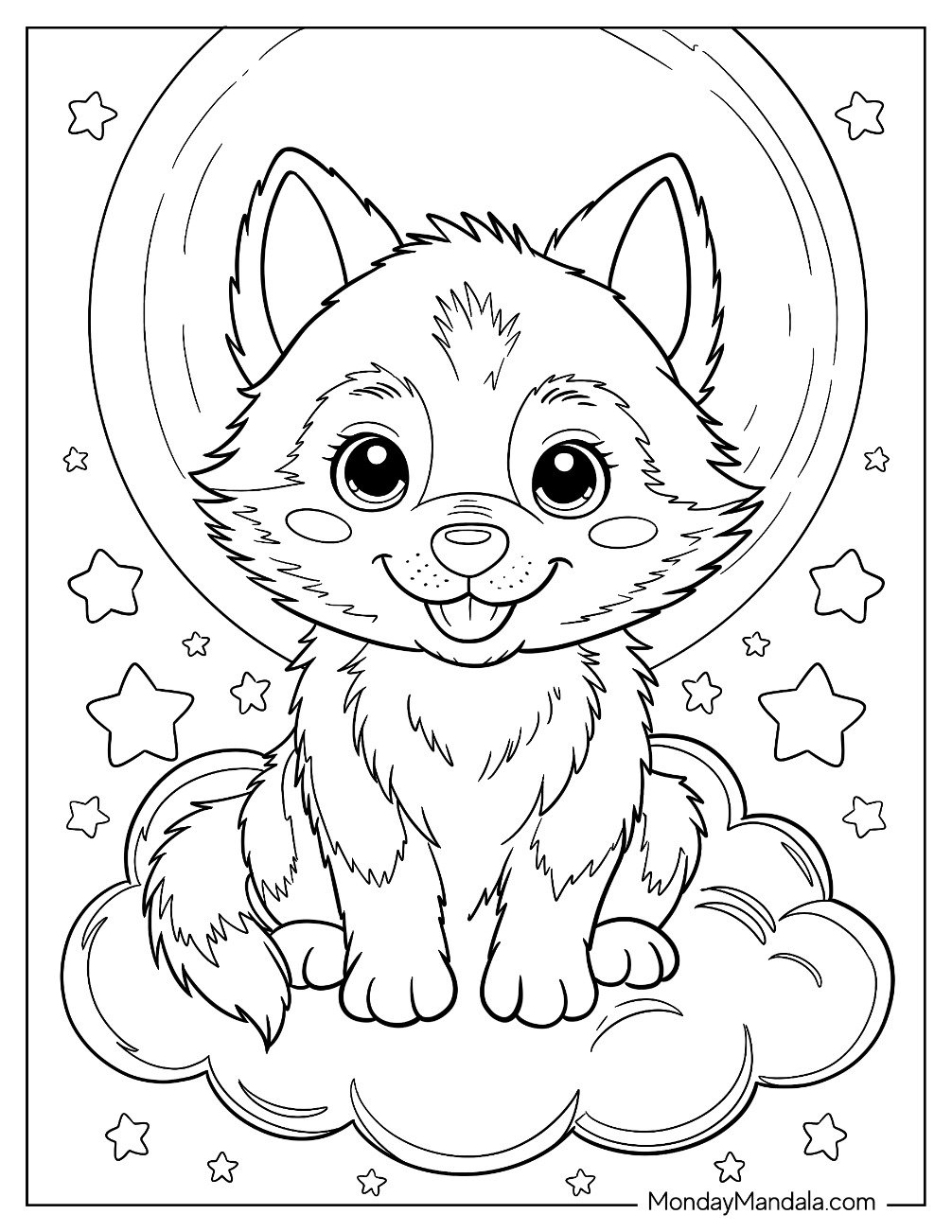 Cute Baby Wolf Coloring Page Pup Sitting on Cloud with Stars and Moon for Kids