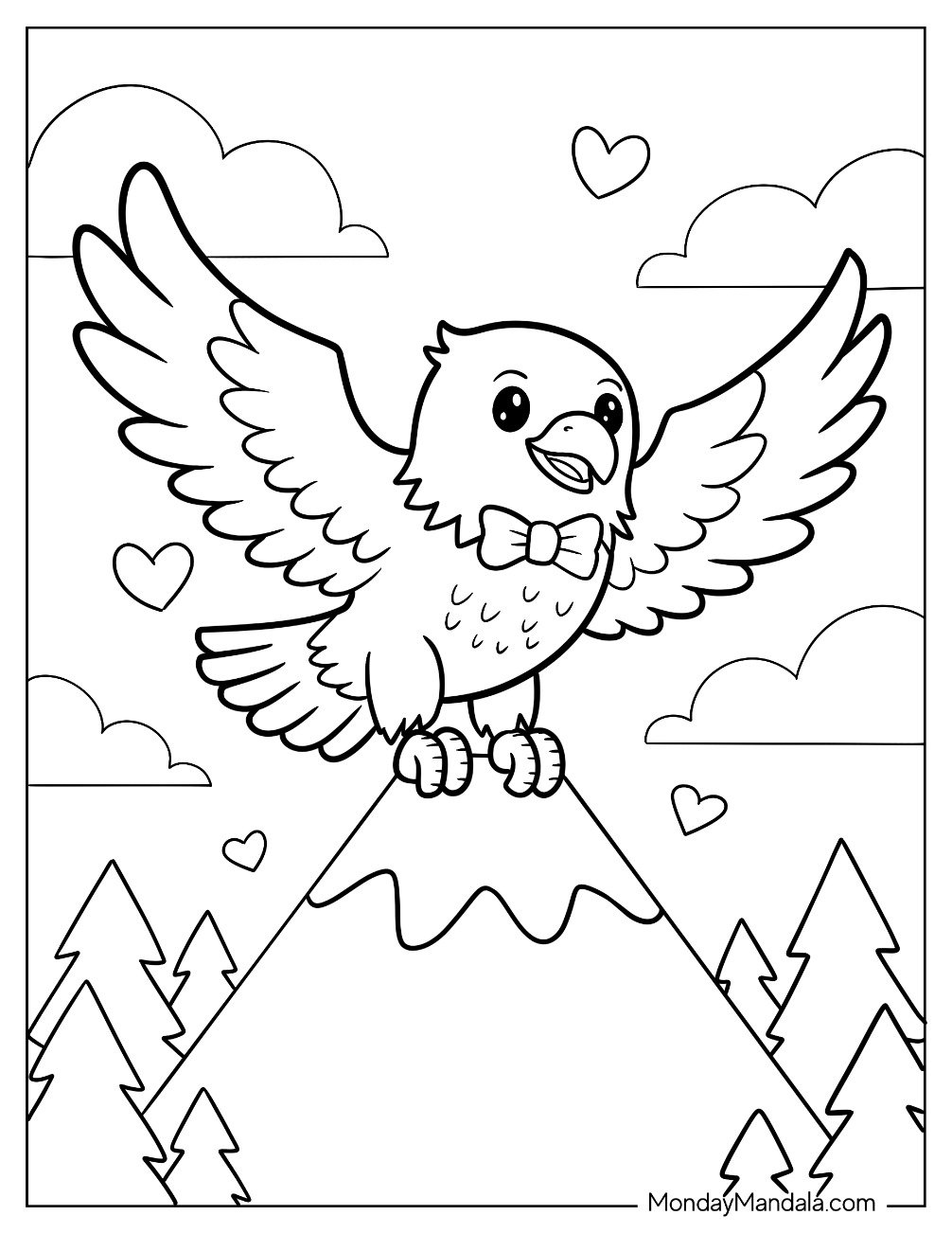 Cute Bald Eagle Coloring Page with a Bowtie on Top of a Mountain for Kids