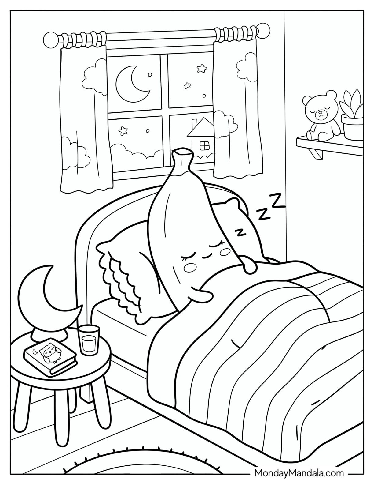Cute Banana Sleeping in Bed Coloring Page for Kids