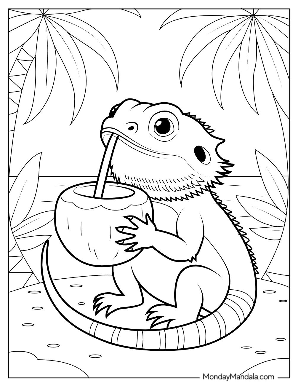 Cute Bearded Dragon Coloring Page Drinking Coconut Juice for Kids