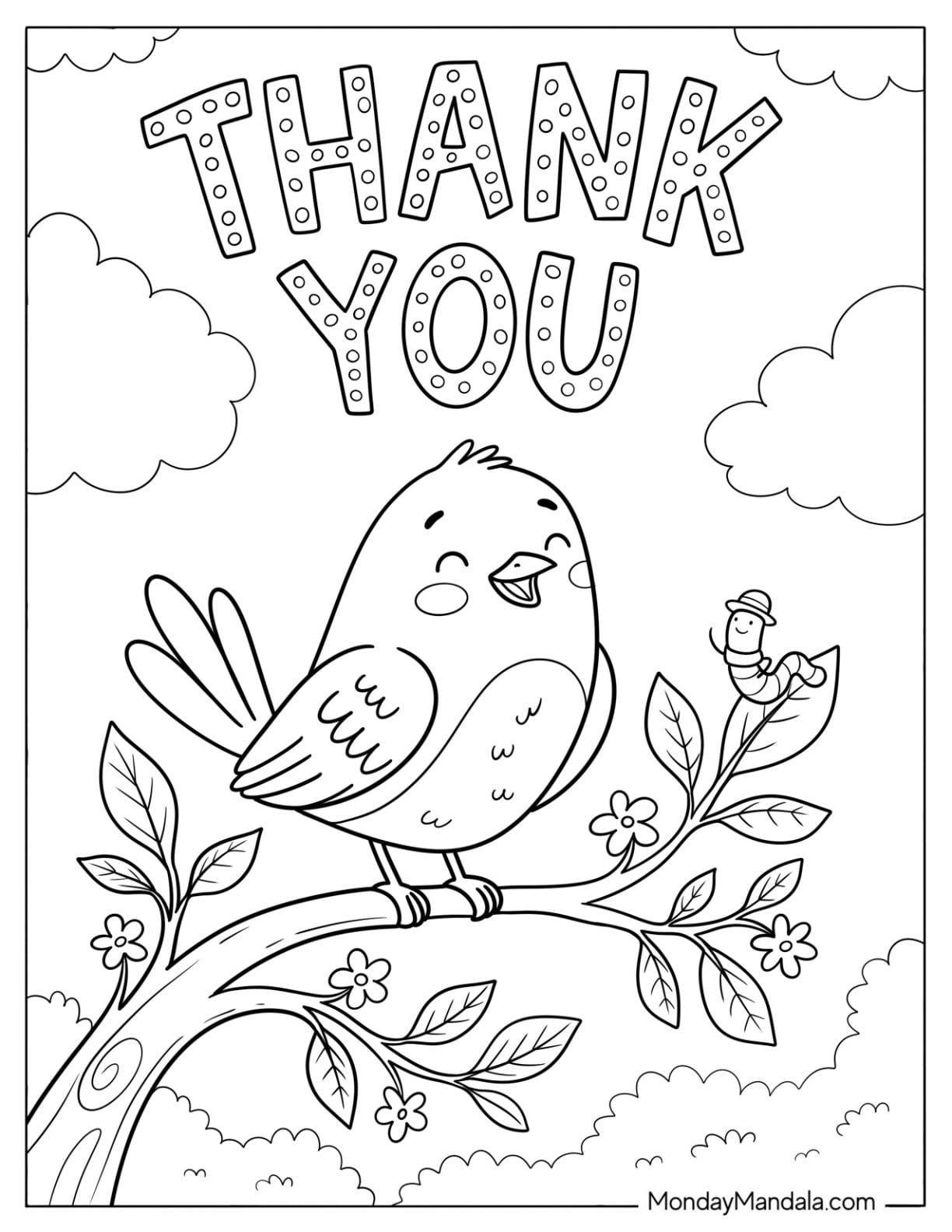 Cute Bird Singing to a Worm Coloring Sheet