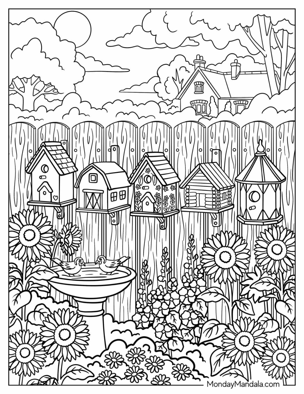Cute Birdhouses in a Flower Garden Coloring Pages for Adults