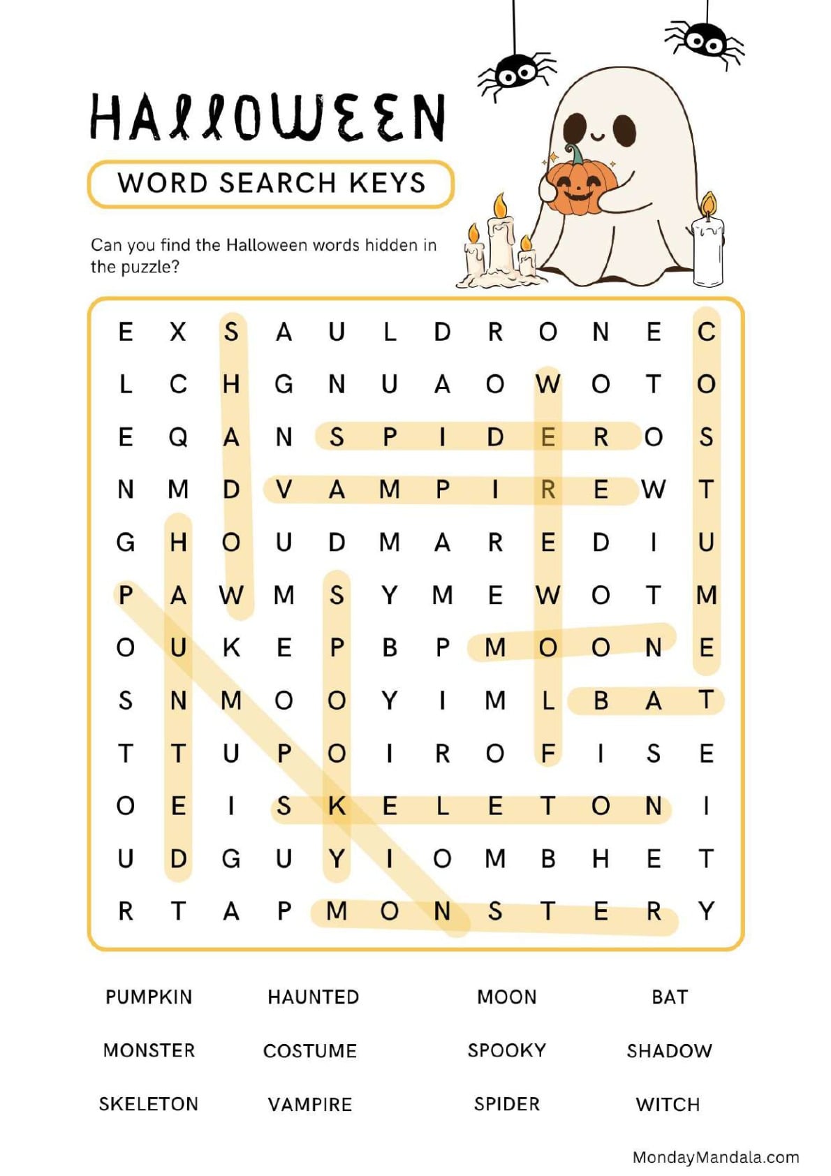 Cute Blanket Ghost Hallowen Word Search Answer Key