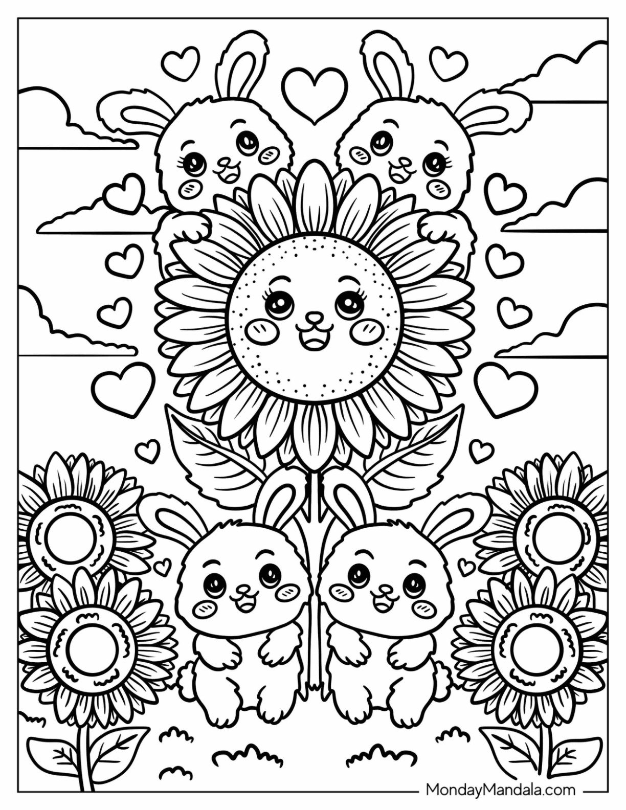 Cute Bunnies With Smiling Sunflower Coloring Page for Kids