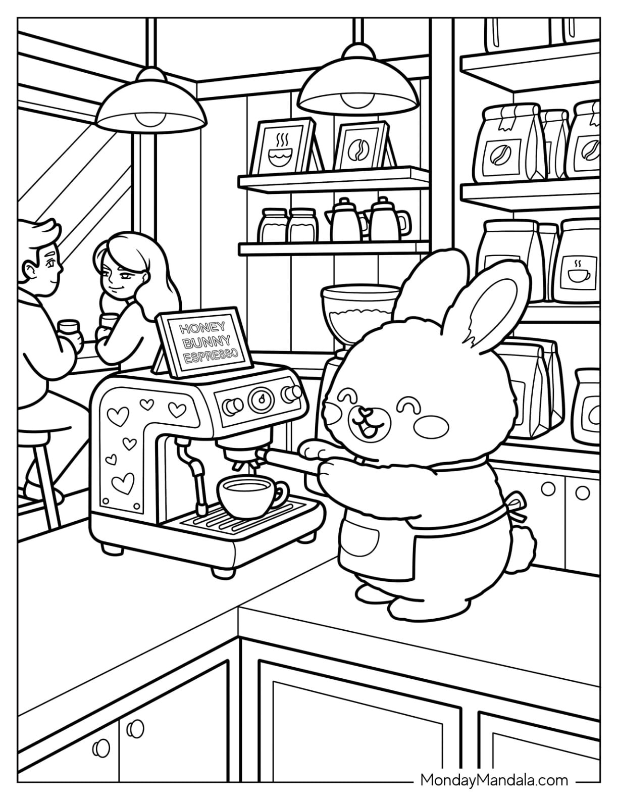 Cute Bunny Barista Making Coffee in a Café Coloring Page