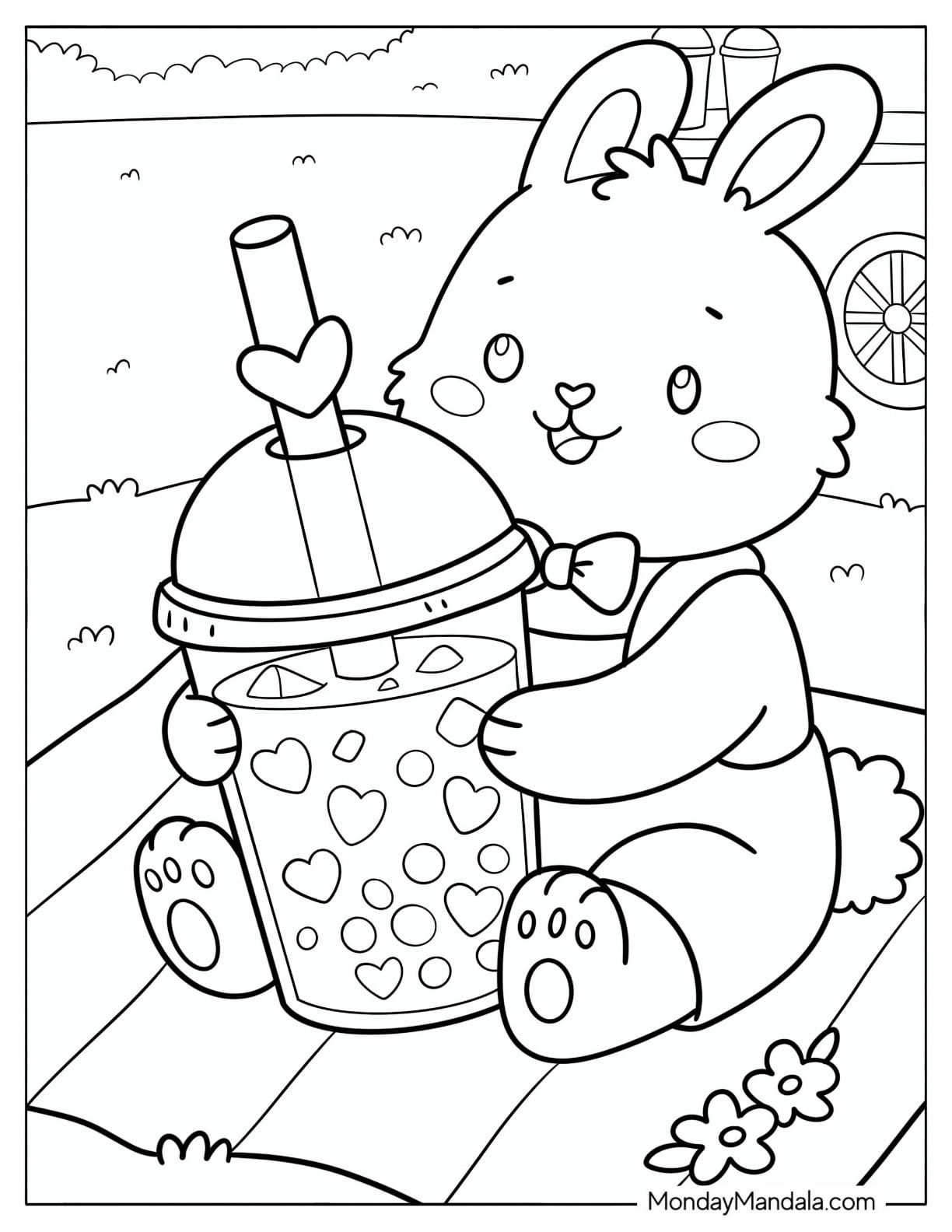 Cute Bunny Holding a Large Boba Drink Coloring Page for Kids