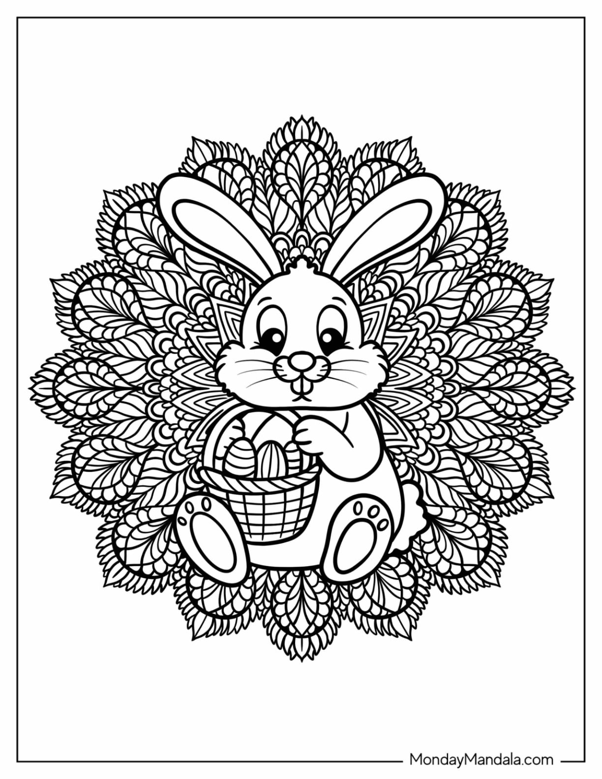 Cute Bunny in the Middle of Flora Easter Mandala Coloring Page