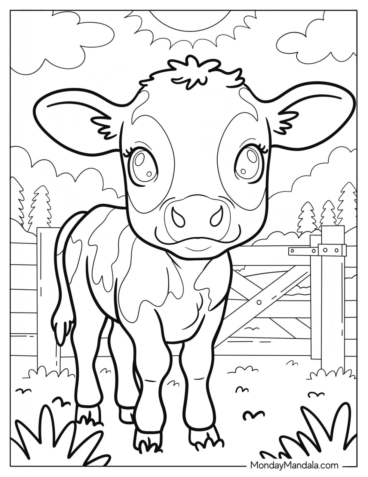 Cute Calf Standing Near the Farm Coloring Page Gate for Preschoolers