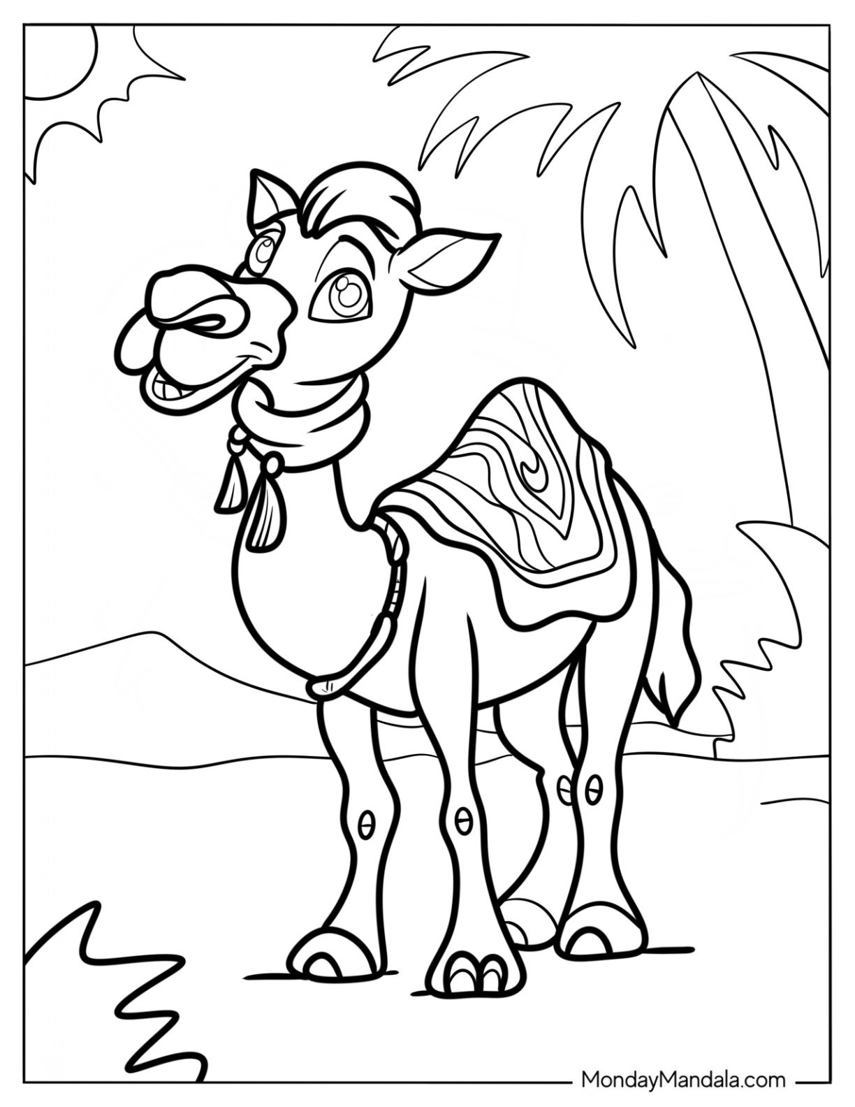 Cute Camel Coloring Page In The Desert For Kids