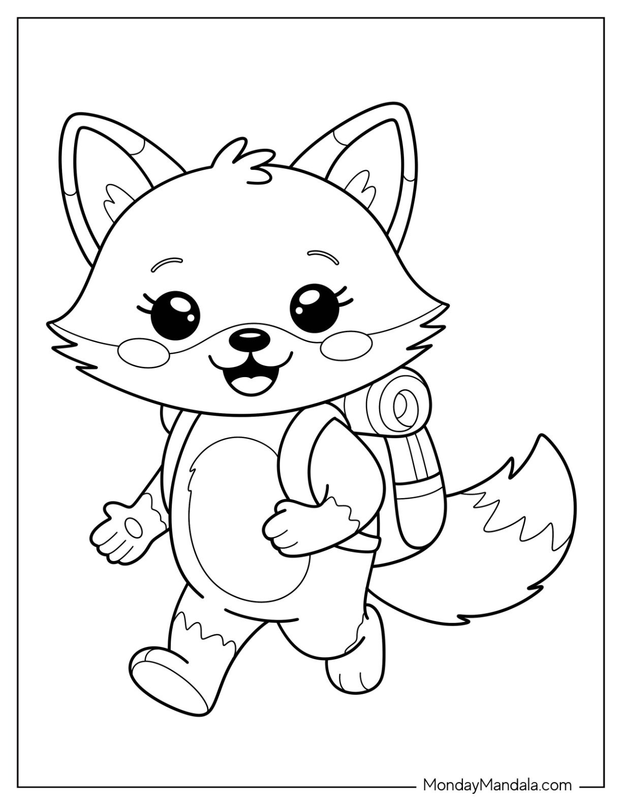 Cute Cartoon Fox In Camping & Hiking Coloring Page Gear for Preschoolers