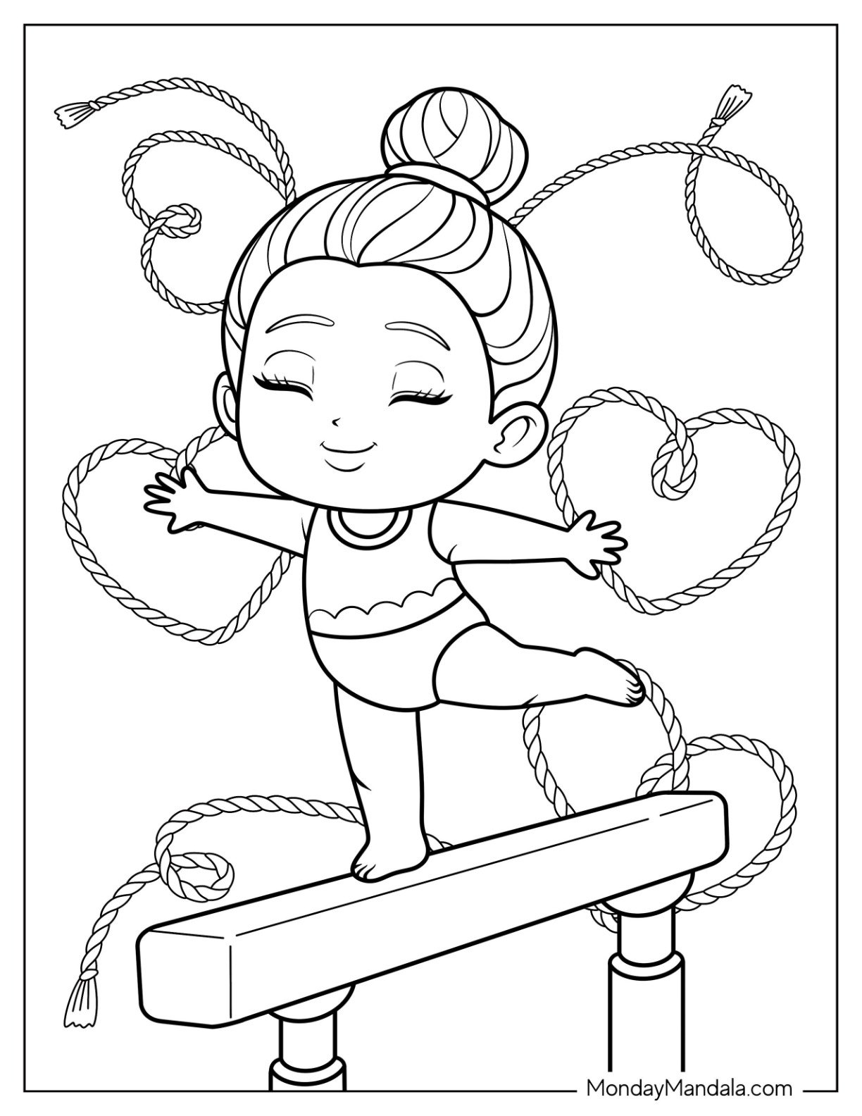 Gymnastics Coloring Page of Cute Cartoon Gymnast Girl Performing on Balance Beam with Twisting Heart Ribbons for Kids