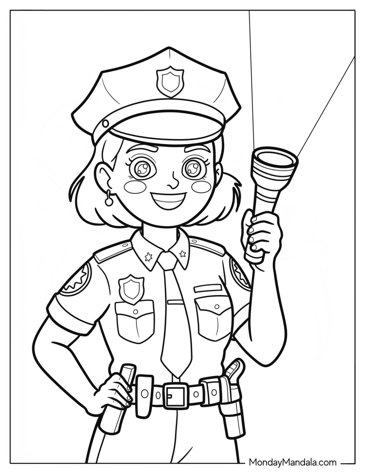 Cute Cartoon Lady Police Coloring Page on Patrol with Flashlight for Kids