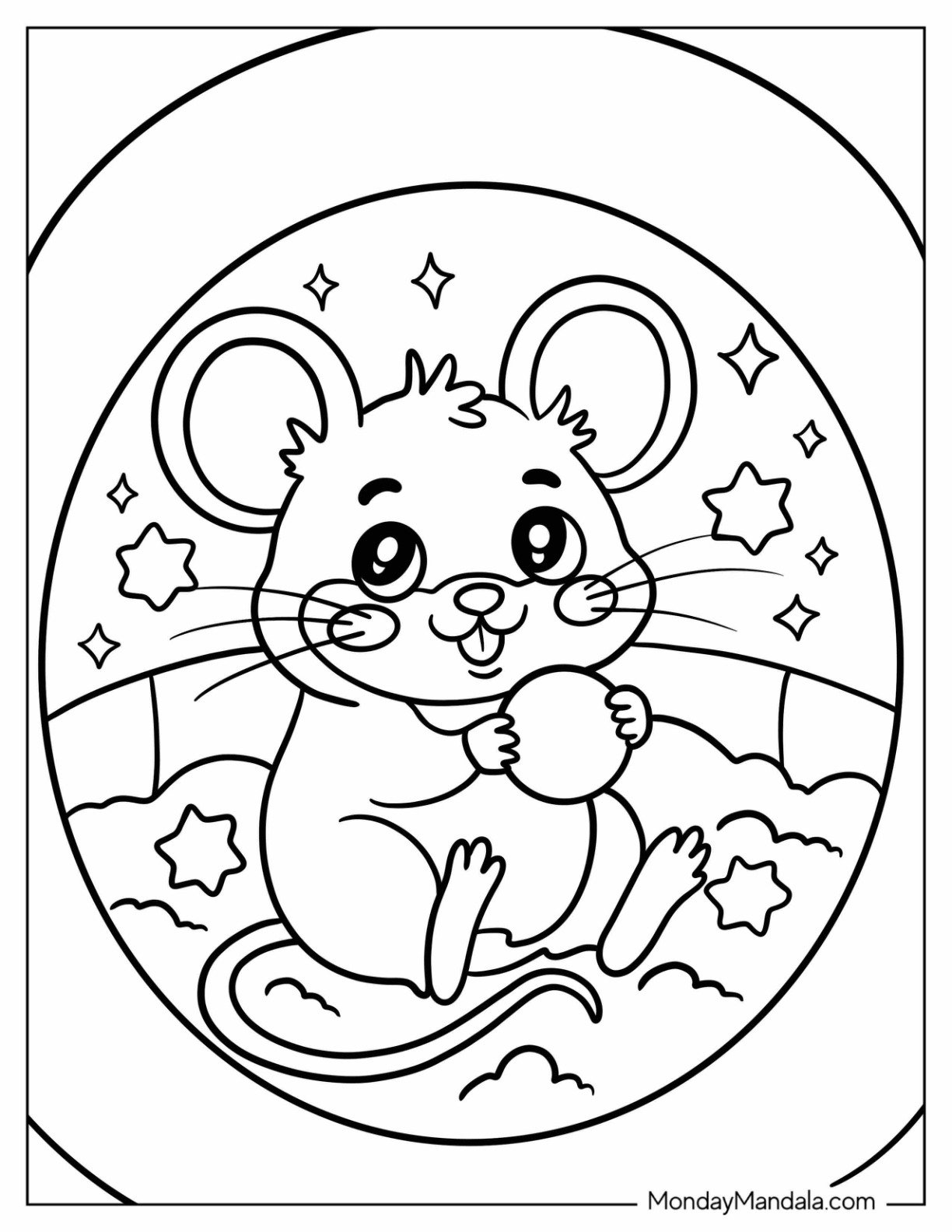 Cute Cartoon Mouse Coloring Page Holding a Star Ball in a Cloudy Night Sky for Kids