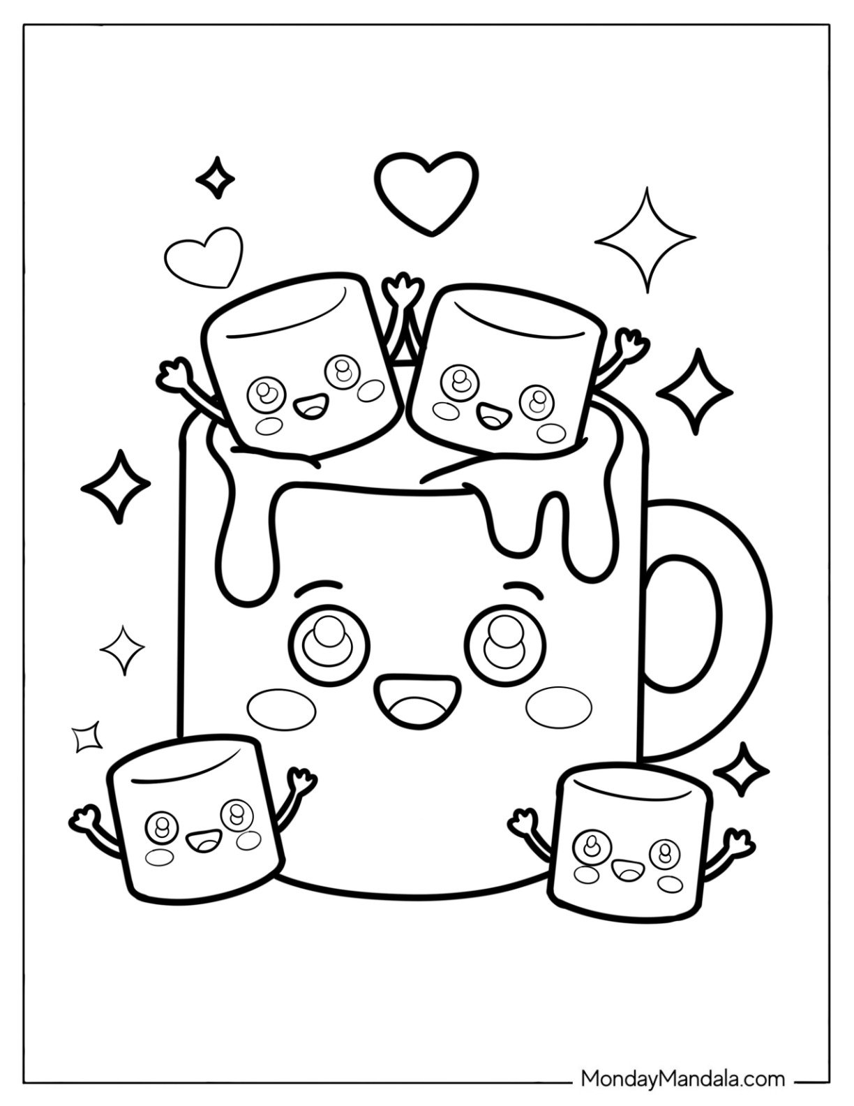 Cute Coloring Page of Cartoon Mug with Marshmallows and Sparkles