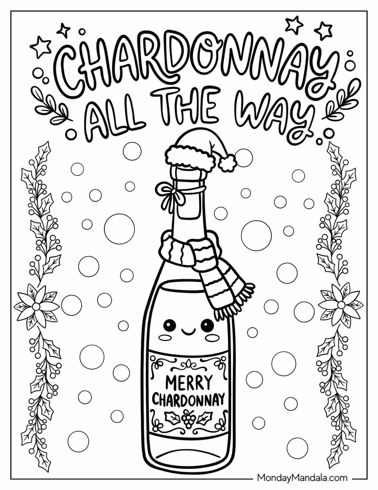 Cute Chardonnay Bottle with Santa Hat and Scarf Christmas for Adults Coloring Page