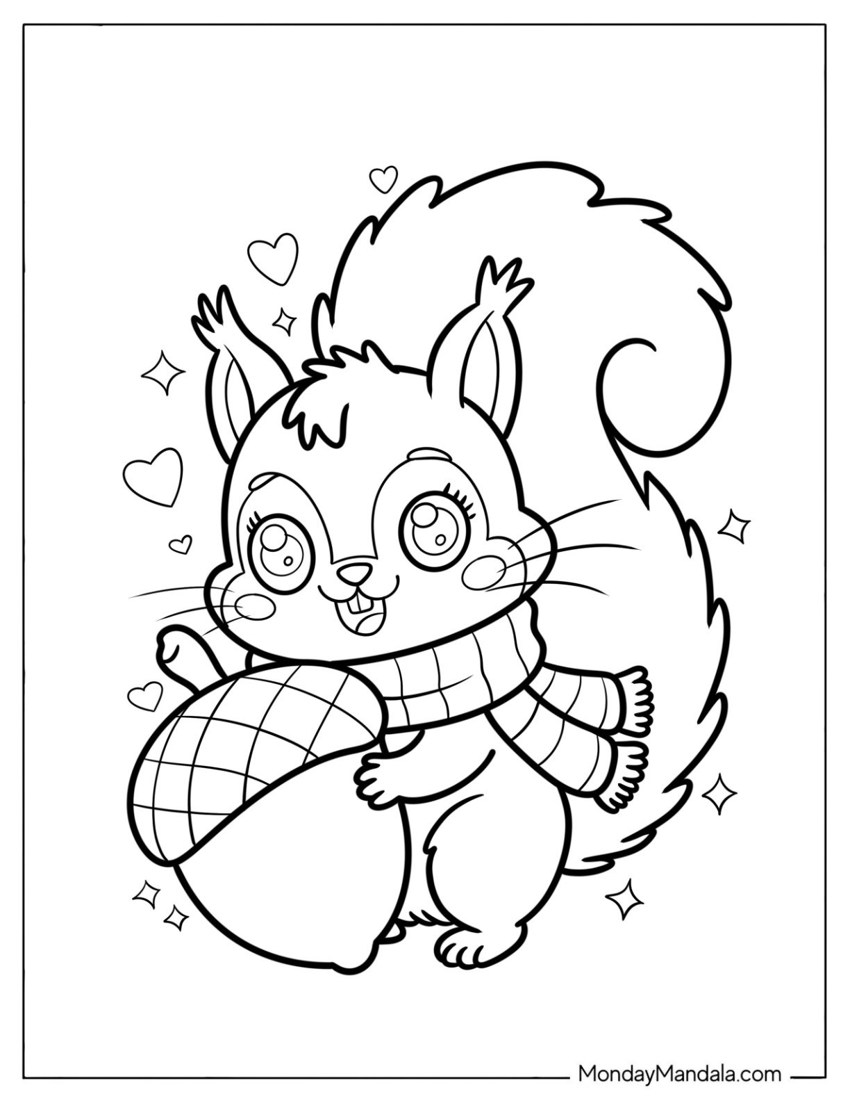 Cute Coloring Page of Cheerful Squirrel with Scarf Holding an Acorn