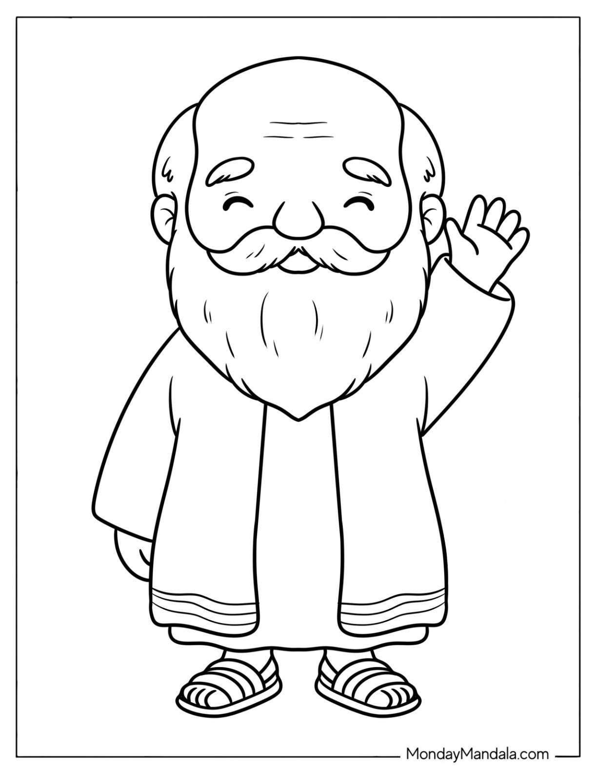 Noah's Ark Coloring Page of Cute Chibi Noah Waving for Preschoolers