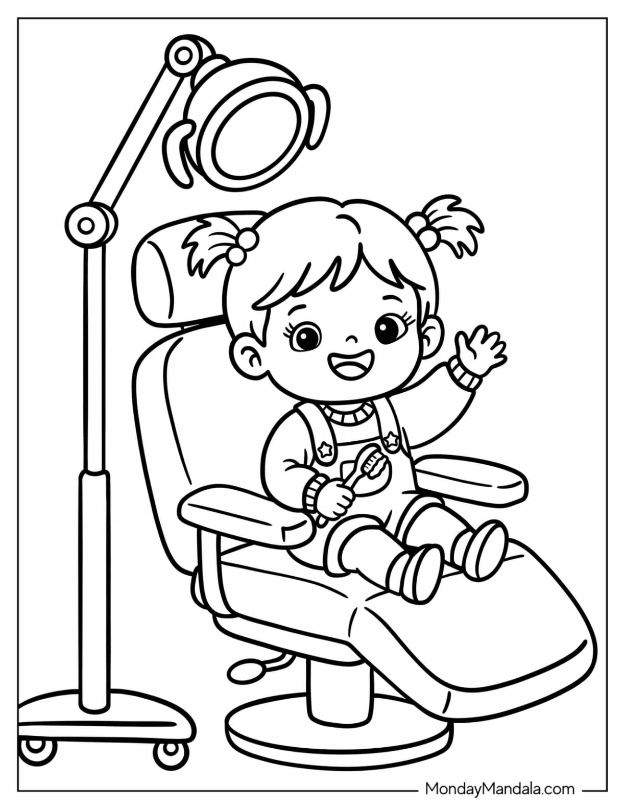 Cute Child Sitting in a Dentist Chair with a Toothbrush Coloring Page for Kids