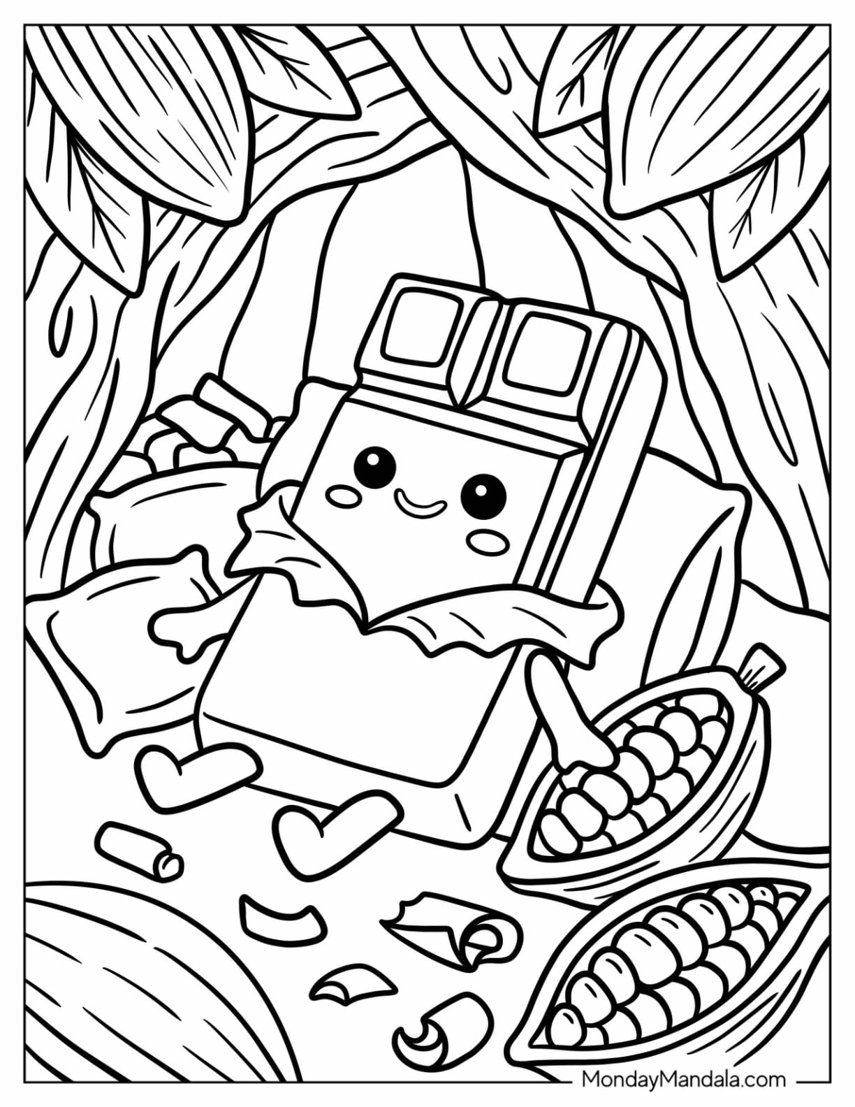 Candy Coloring Page of Cute Chocolate Bar Relaxing with Cocoa Pods