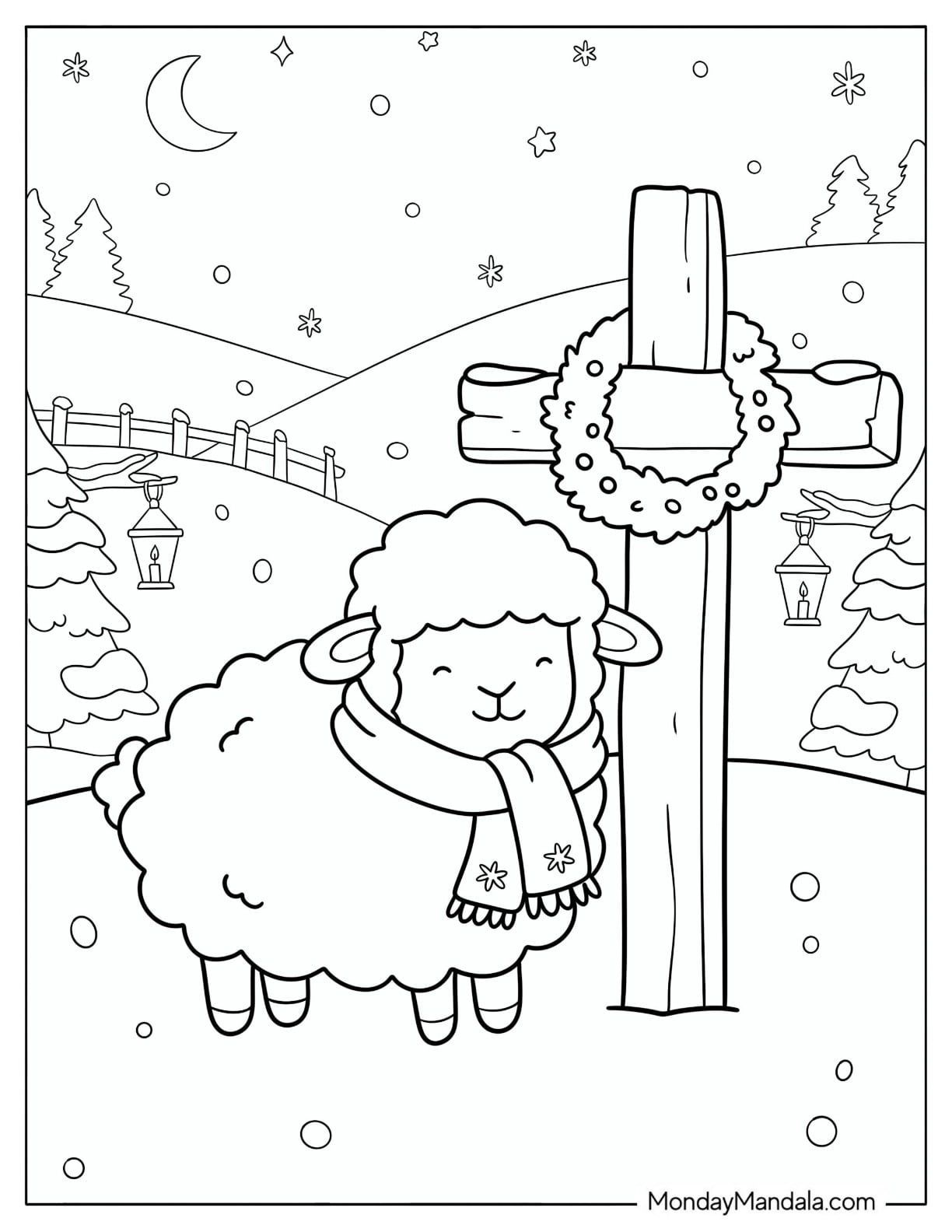 Christian Christmas Coloring Page of Cute Christmas Sheep Standing Beside a Cross with Wreath in a Snowy Hill