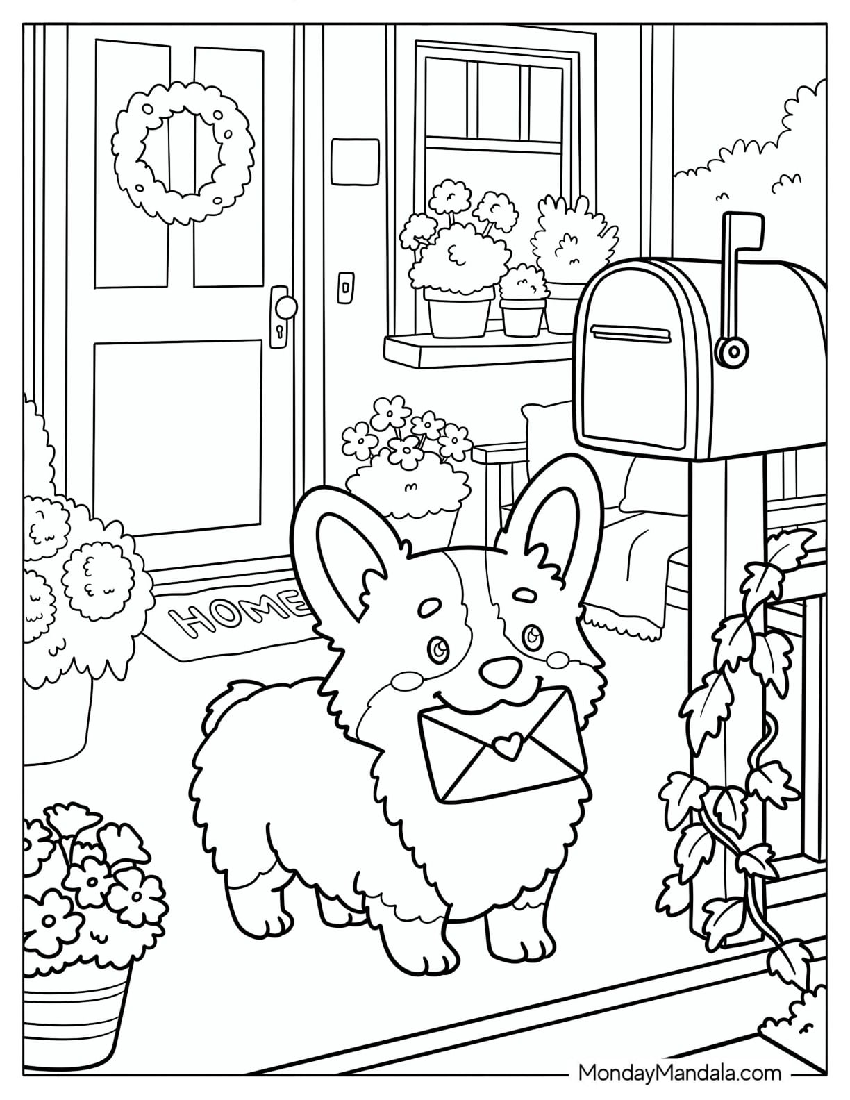 Cute Corgi Carrying Mail on the Porch Coloring Sheet