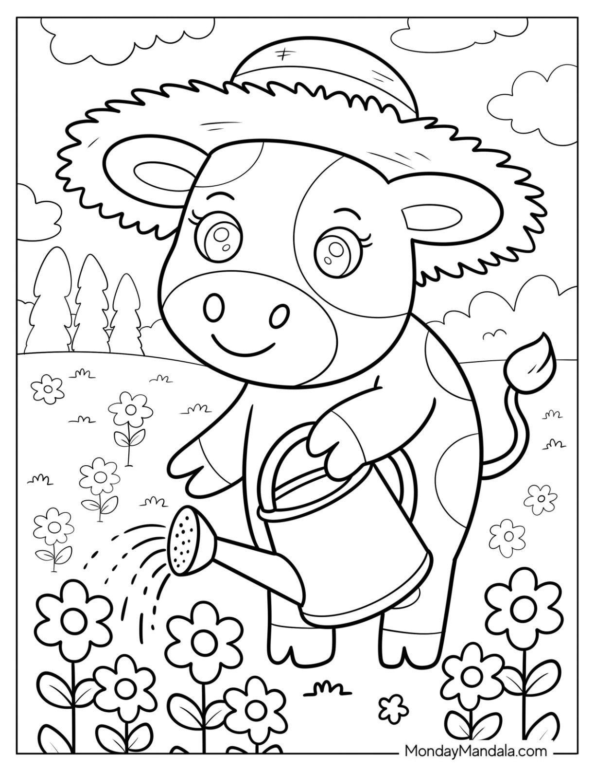 Cute Cow Coloring Page Watering Flowers In A Sunny Garden for Kids