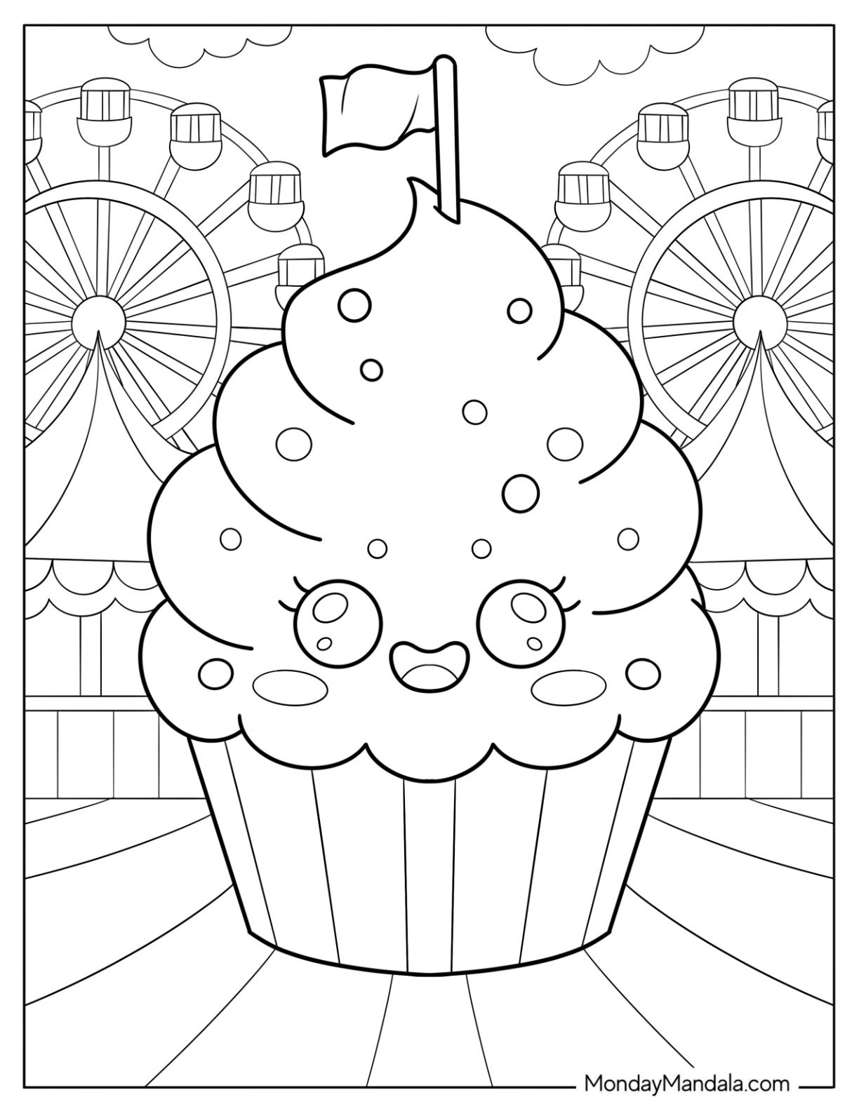 Cute Cupcake Coloring Page with Flag and Smiling Face at Carnival for Preschoolers