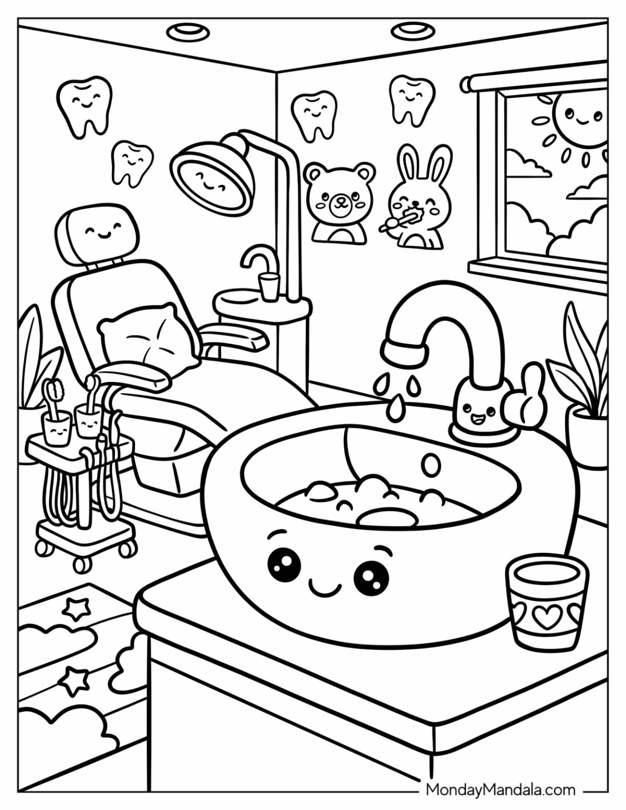 Cute Dental Sink with a Toothbrush and Tooth Shaped Decor Coloring Sheet for Kids