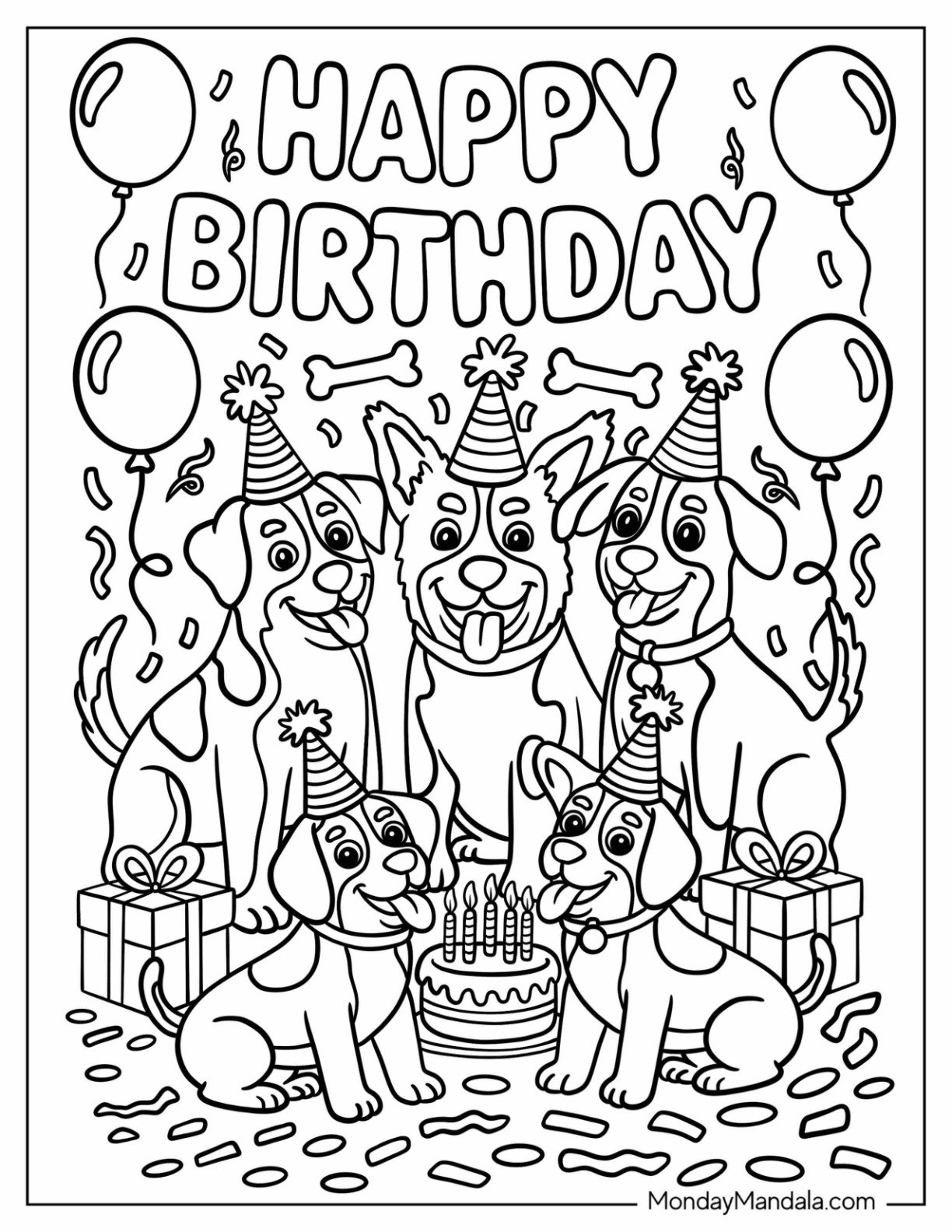 Happy Birthday Coloring Page of Cute Dogs with Birthday Hats, Cake, and Balloons
