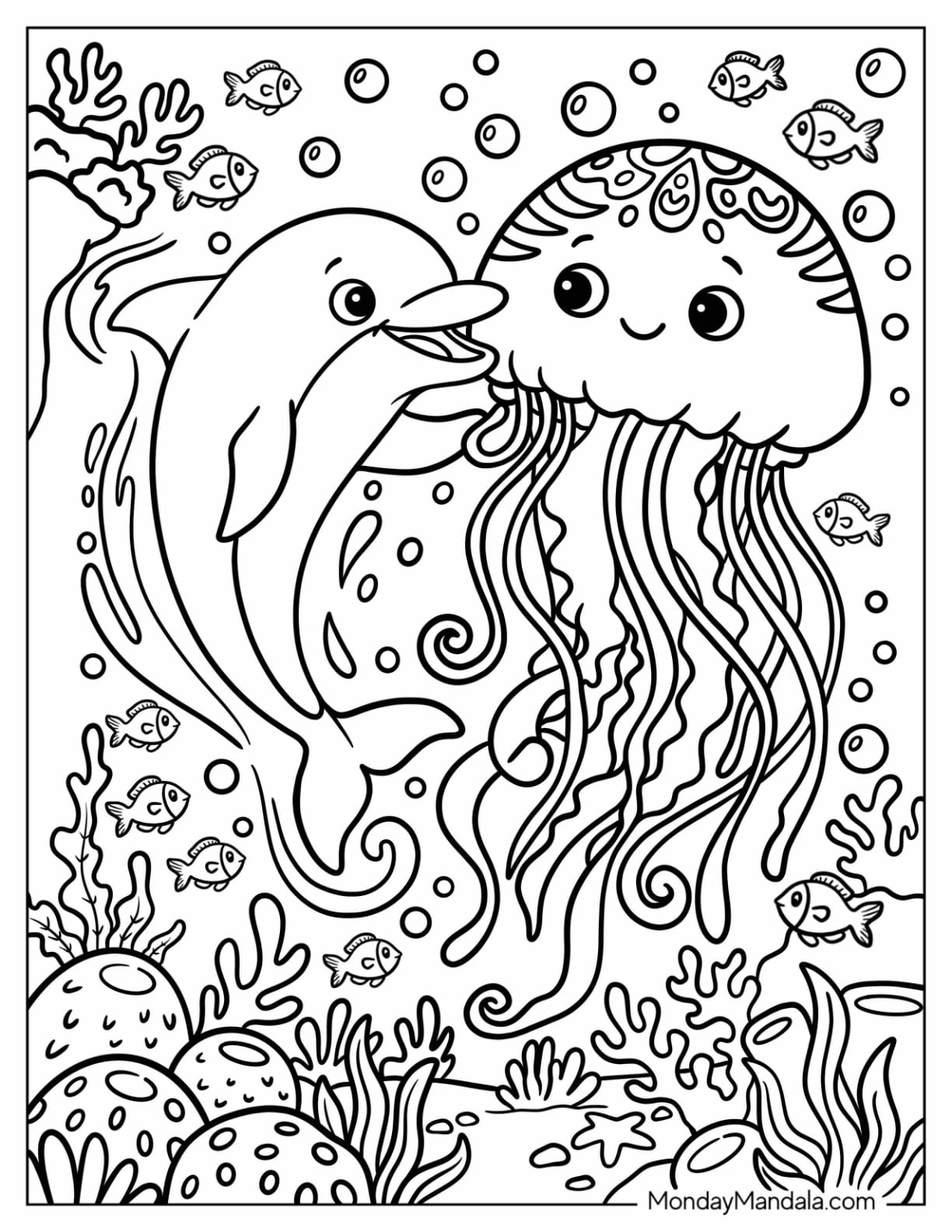 Cute Dolphin Playing with Jellyfish Coloring Sheet