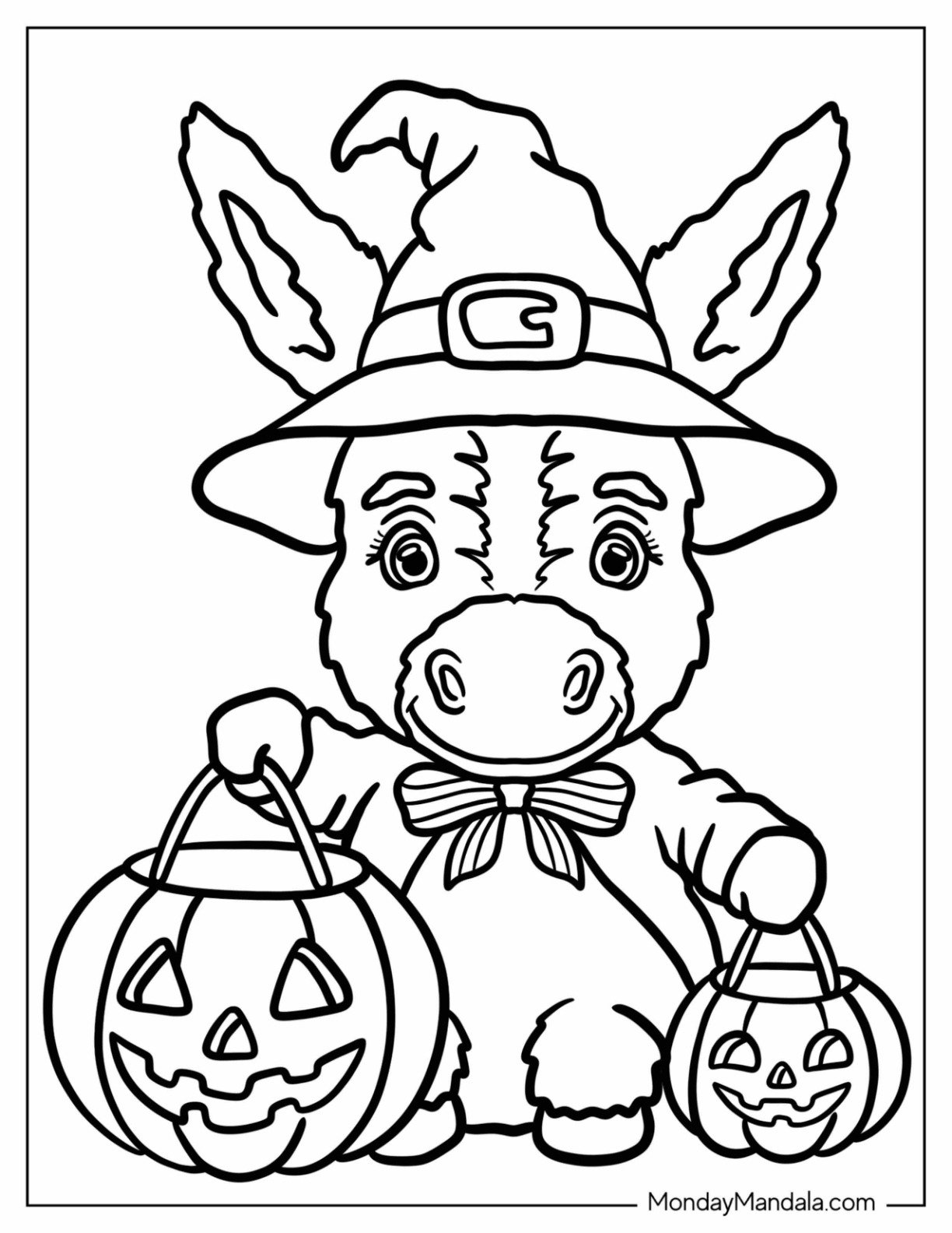 Cute Donkey Coloring Page Dressed as a Witch Holding Pumpkin Buckets for Preschoolers
