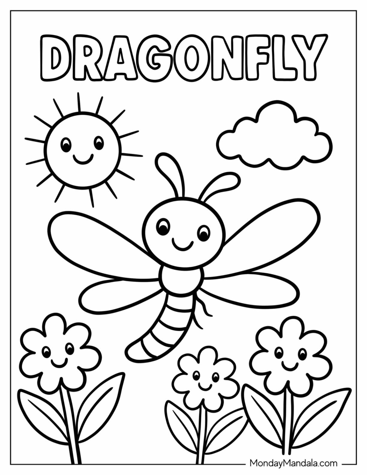 Cute Dragonfly Coloring Page with Three Flowers and Smiling Sun for Preschoolers