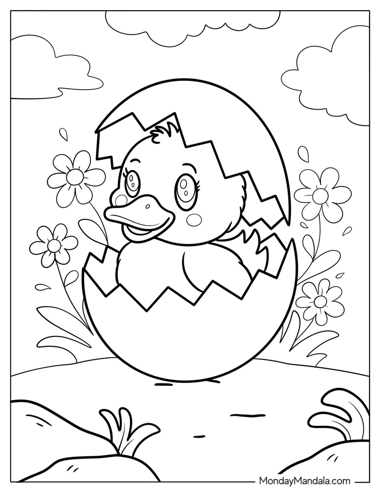 Cute Duckling in an Eggshell Coloring Sheet For Kids
