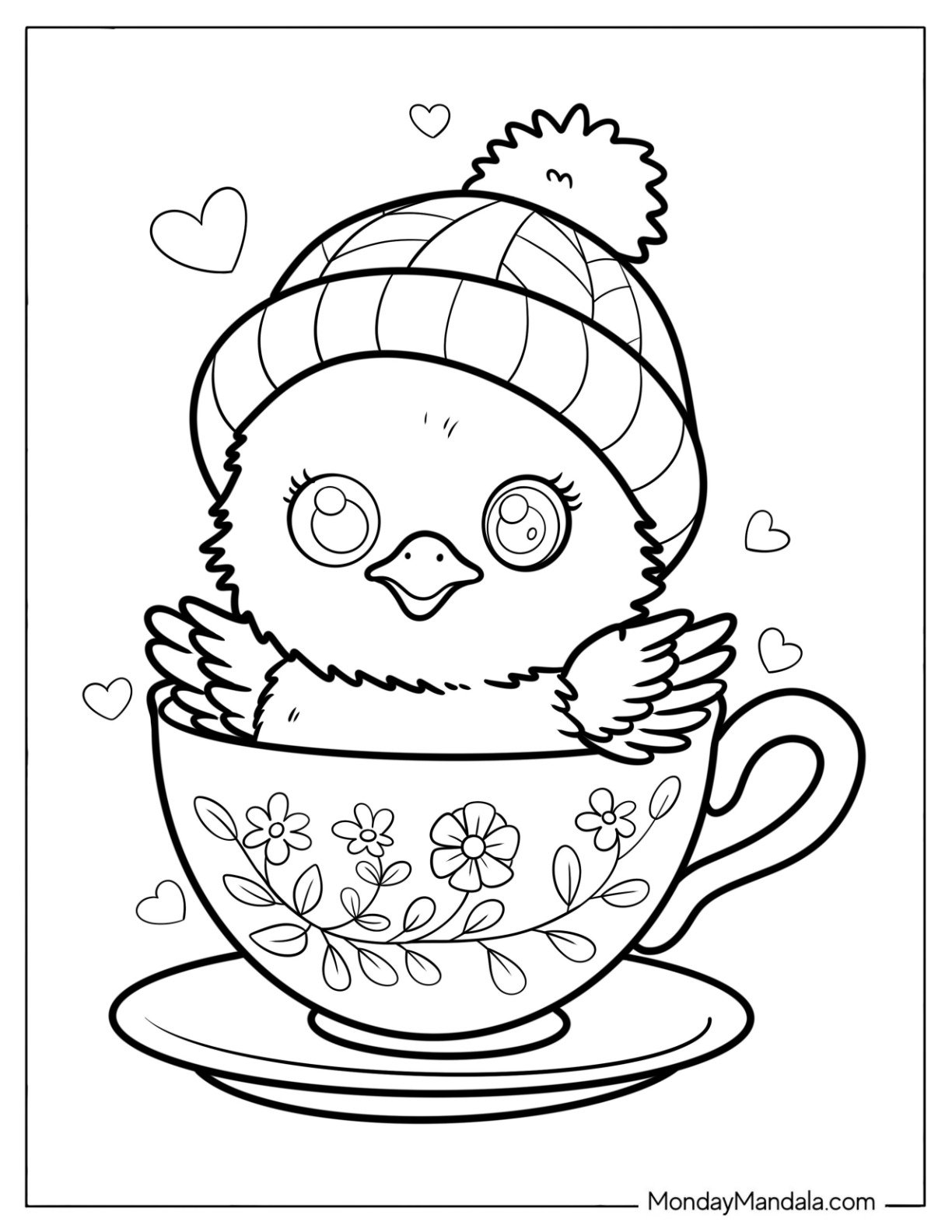 Cute Coloring Page of Duckling with a Beanie Inside a Floral Teacup