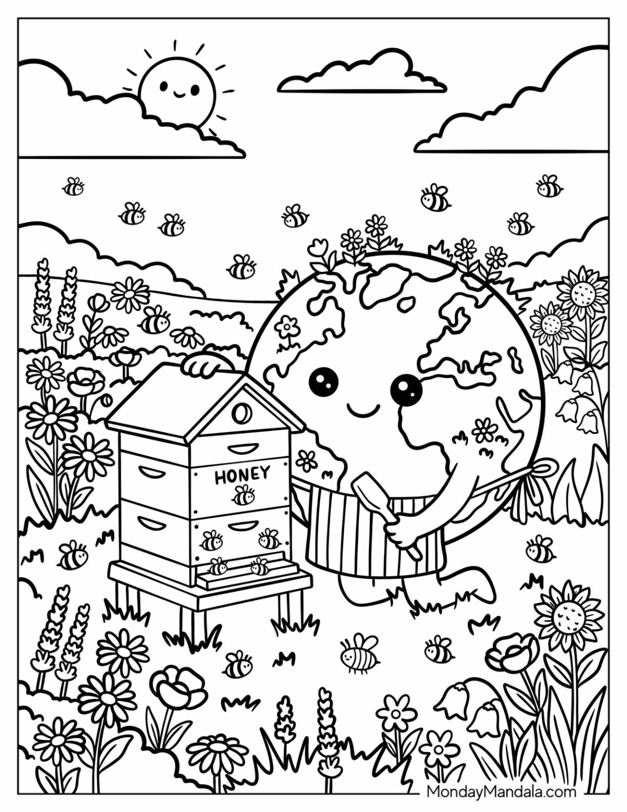 Cute Earth Tending a Beehive in a Flower Meadow Coloring Page for Kids