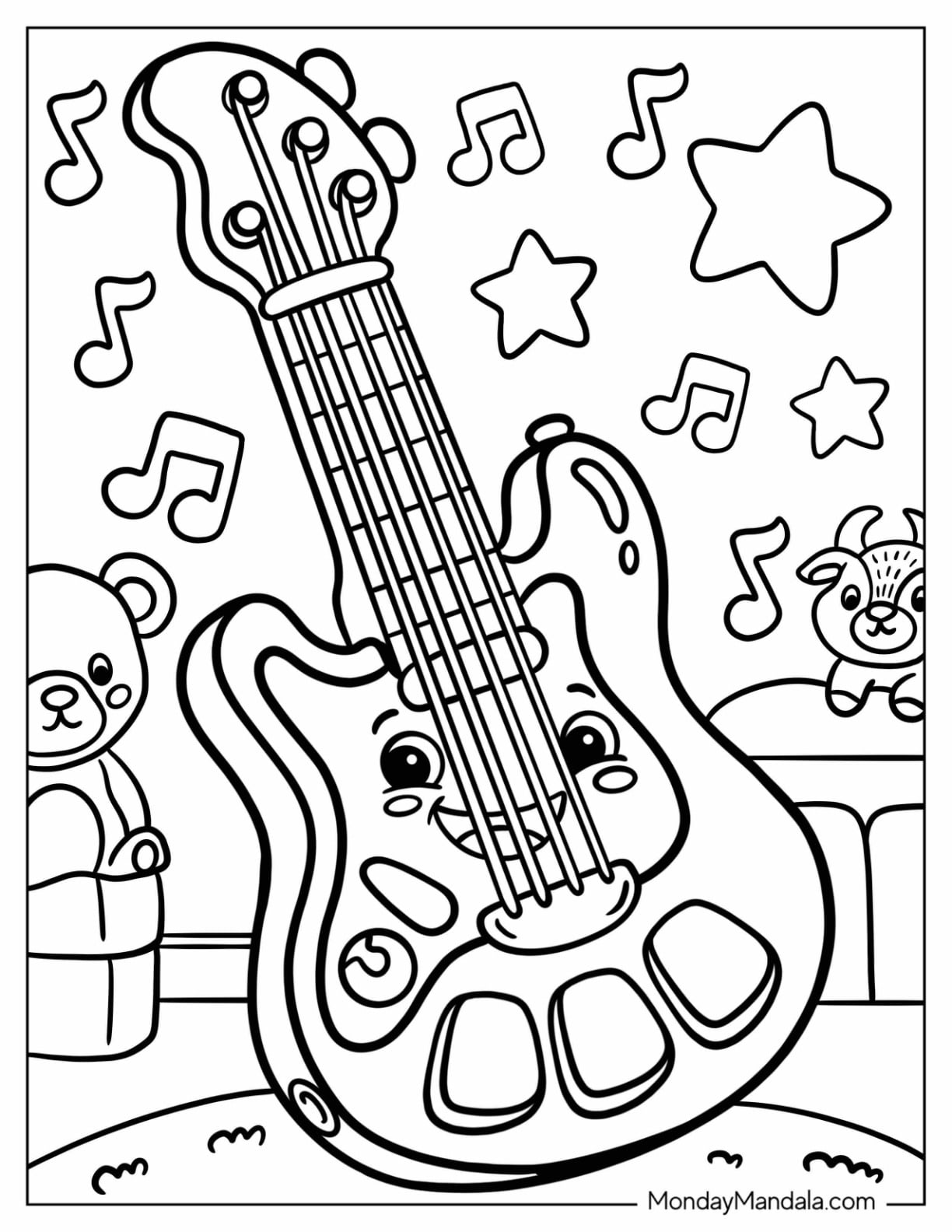 Cute Electric Guitar Coloring Page with Music Notes for Kids