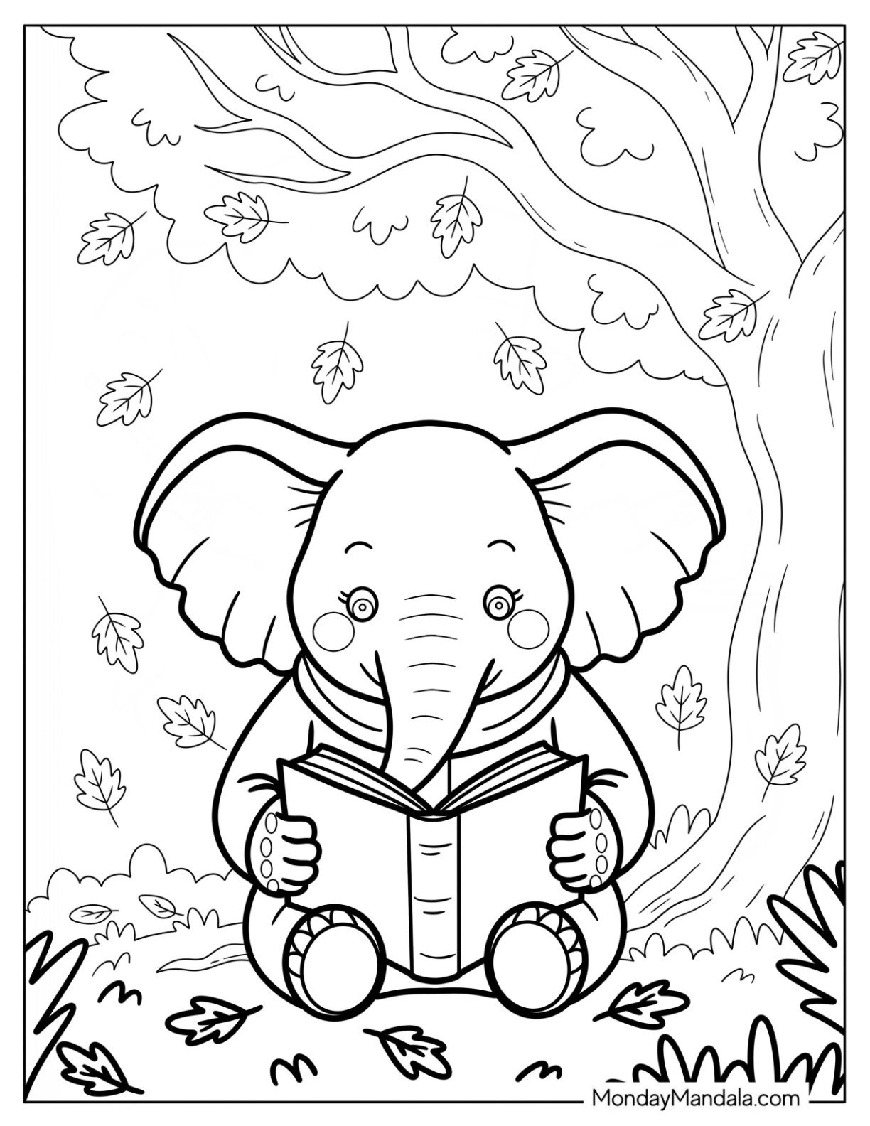 Cute Elephant Coloring Page Reading a Book Under a Tree with Falling Leaves for Kids