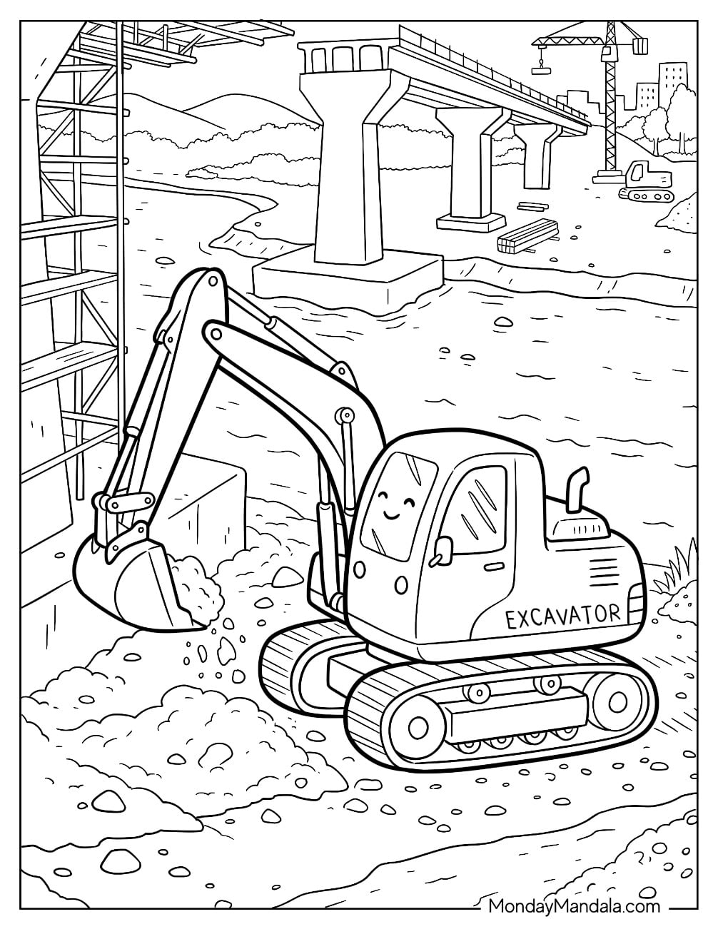 Cute Excavator with Digging Bucket at a Bridge Construction Site Coloring Page
