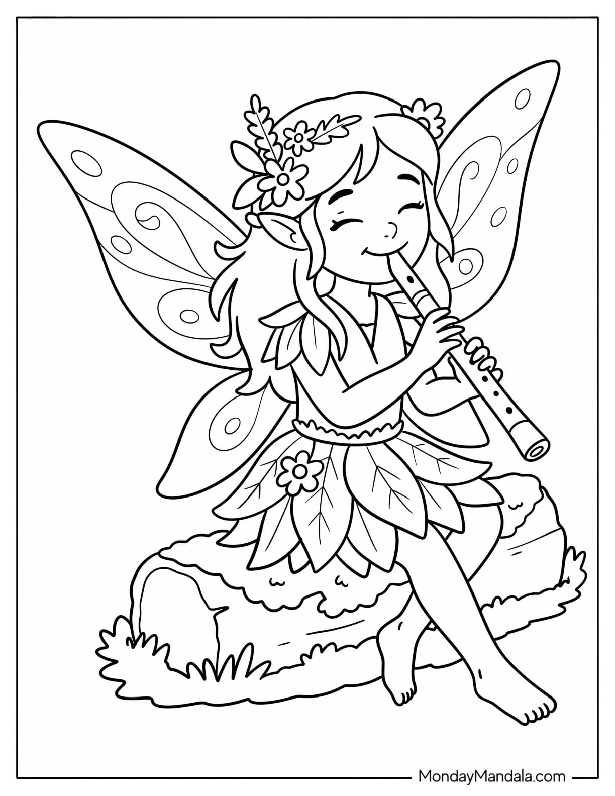 Cute Fairy Playing a Flute While Sitting on a Rock Coloring Page for Kids