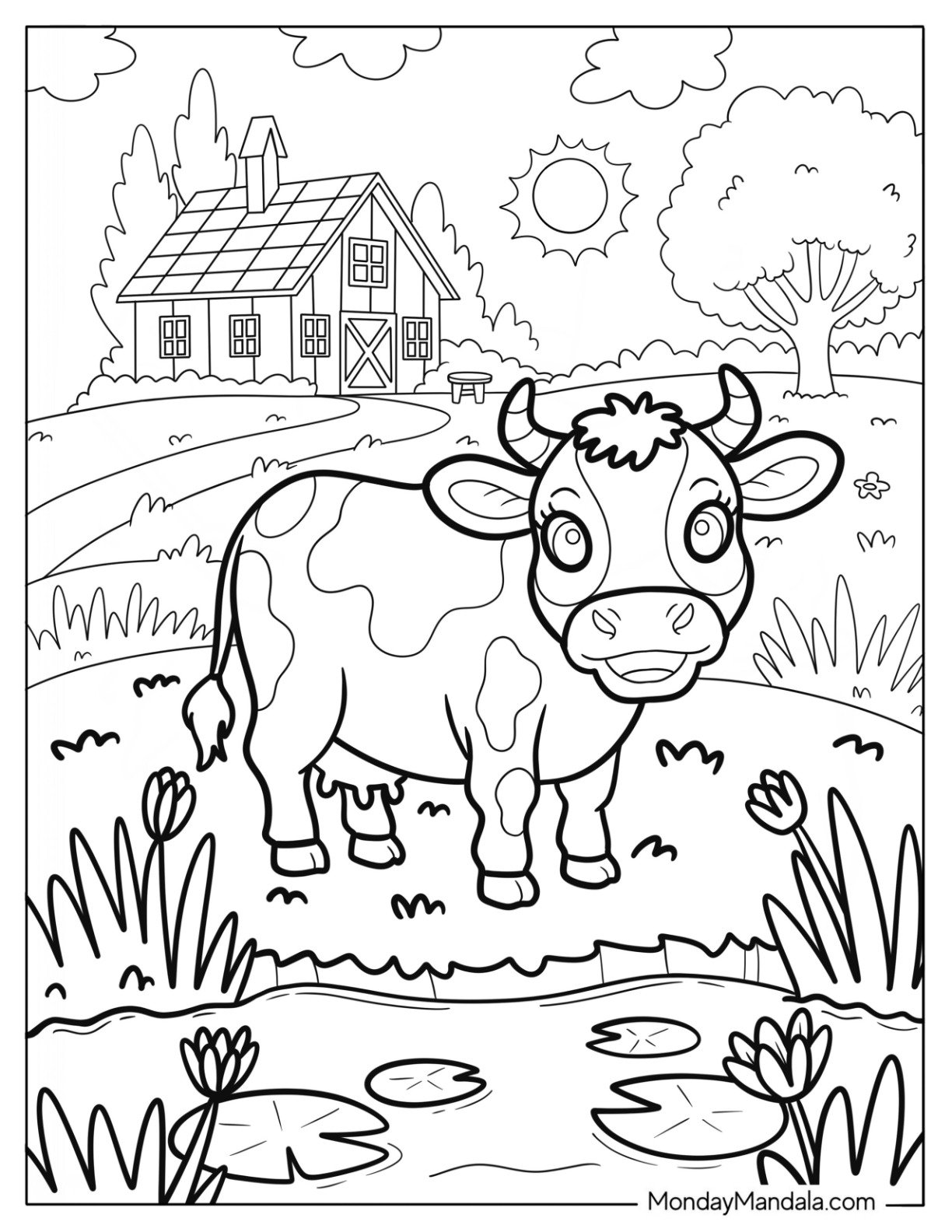 Cute Farm Coloring Page Cow Standing by a Lily Pond for Kids
