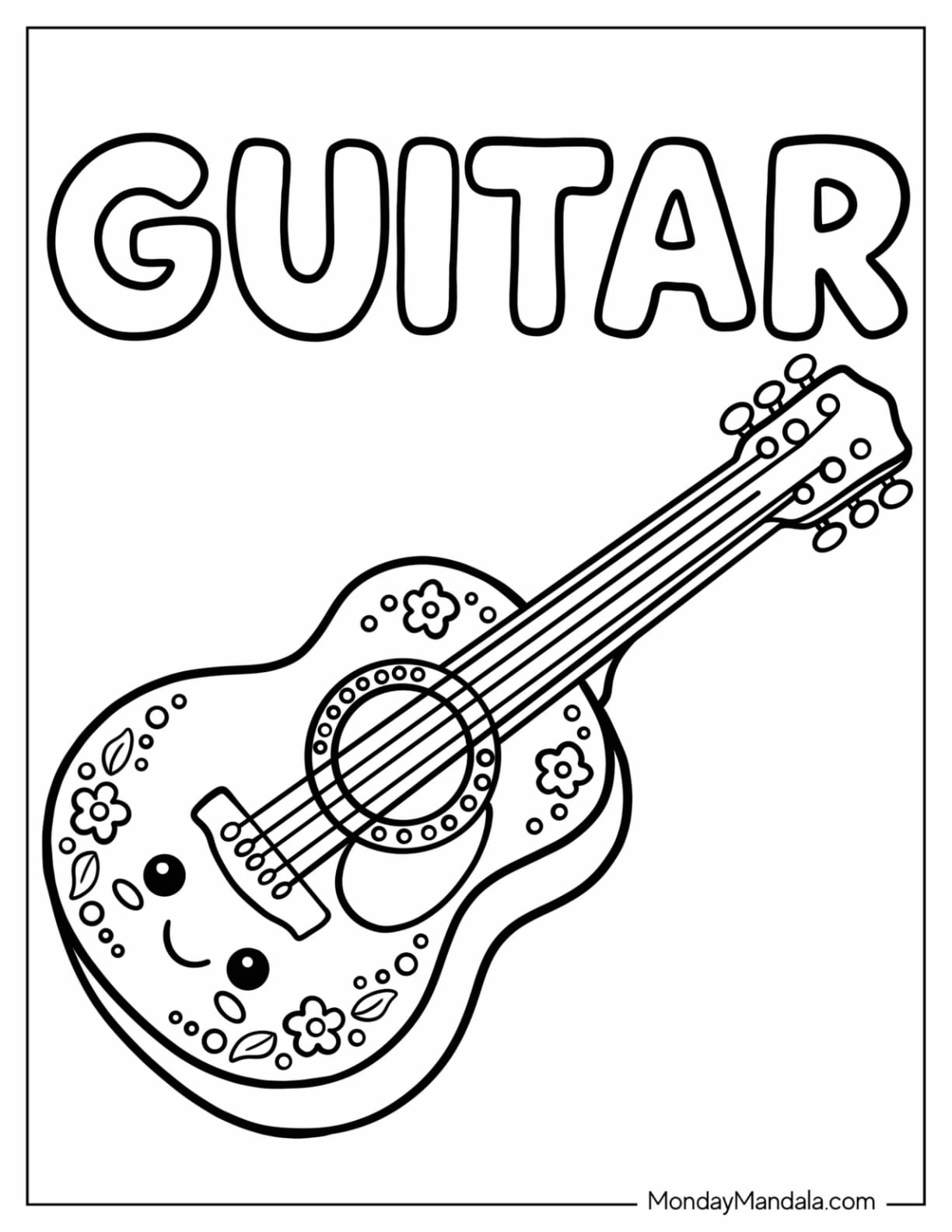 Cute Floral Guitar Coloring Page for Kids