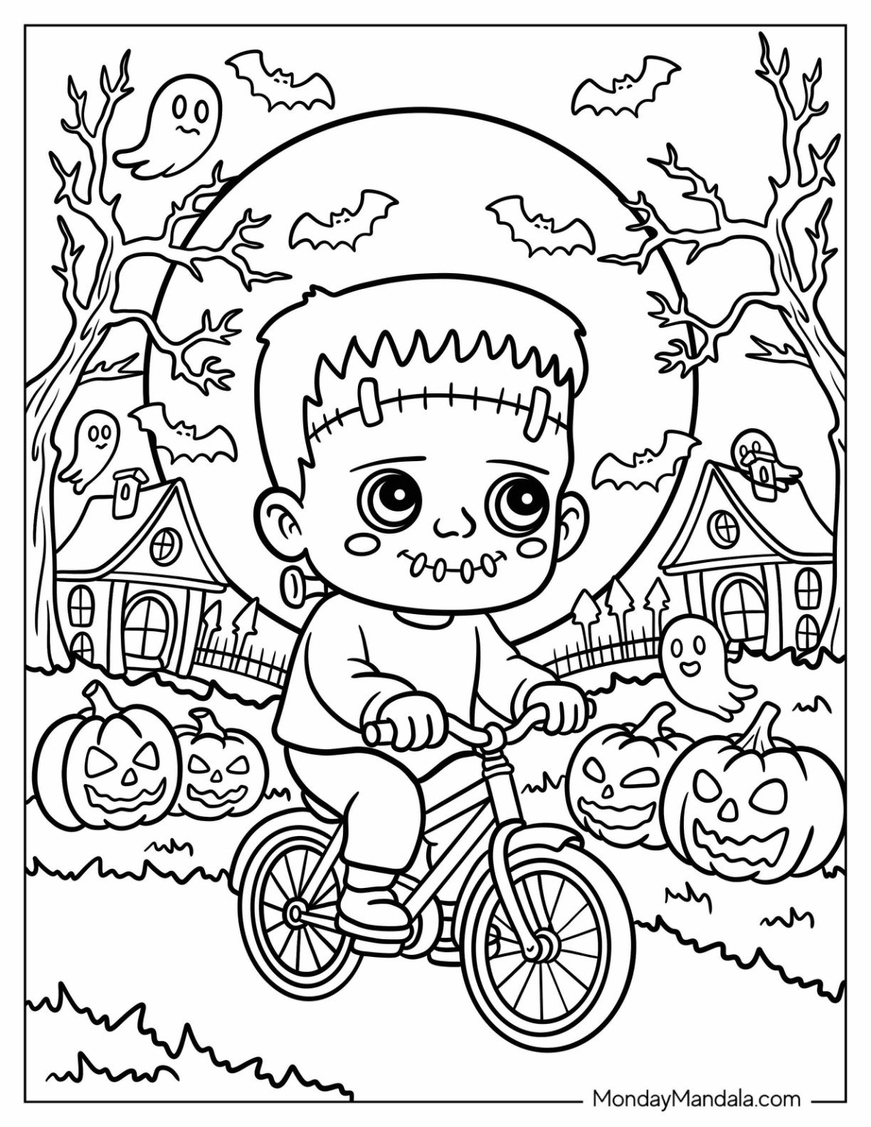 Cute Frankenstein Coloring Page Riding Bicycle on a Full Moon