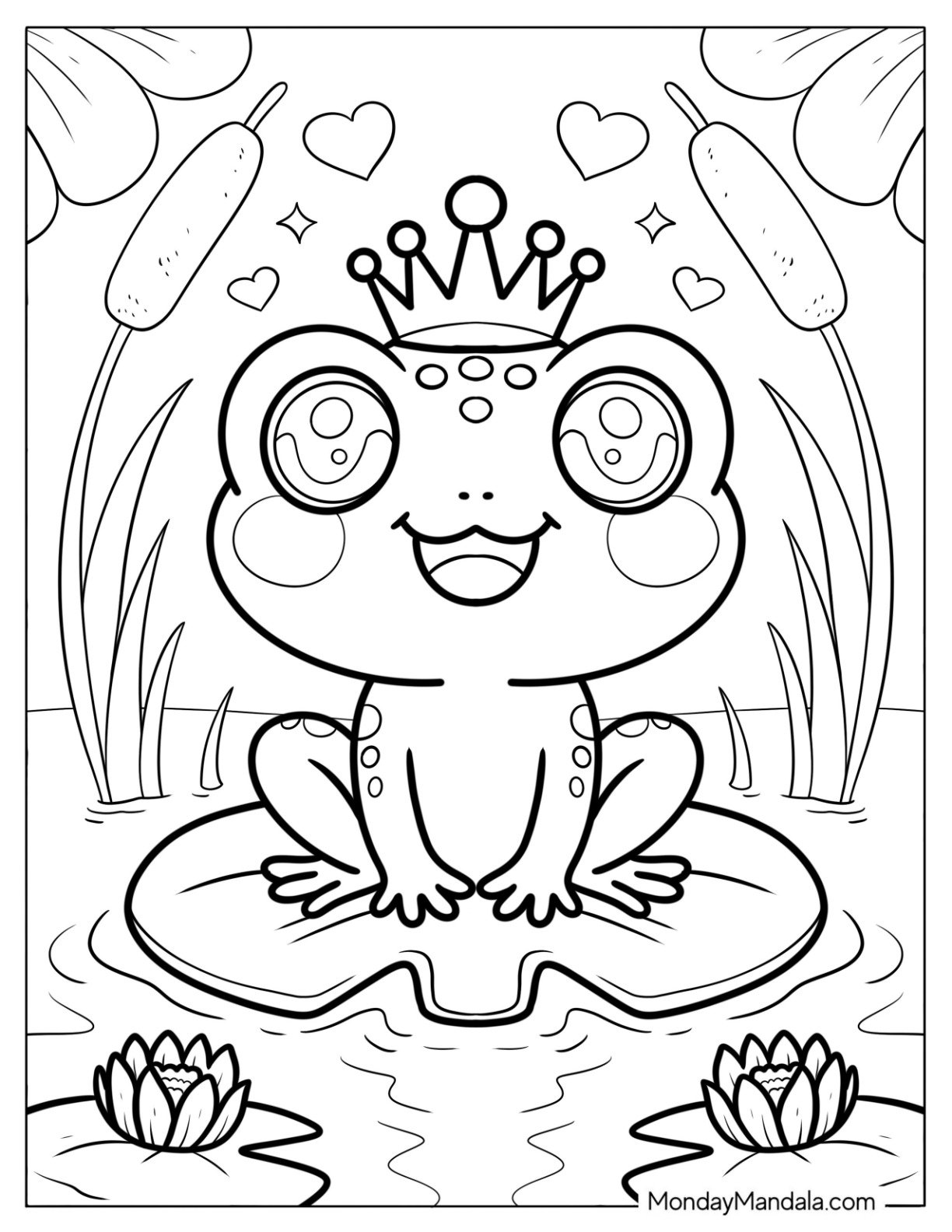 Cute Coloring Page of Frog with Crown Sitting on a Lily Pad