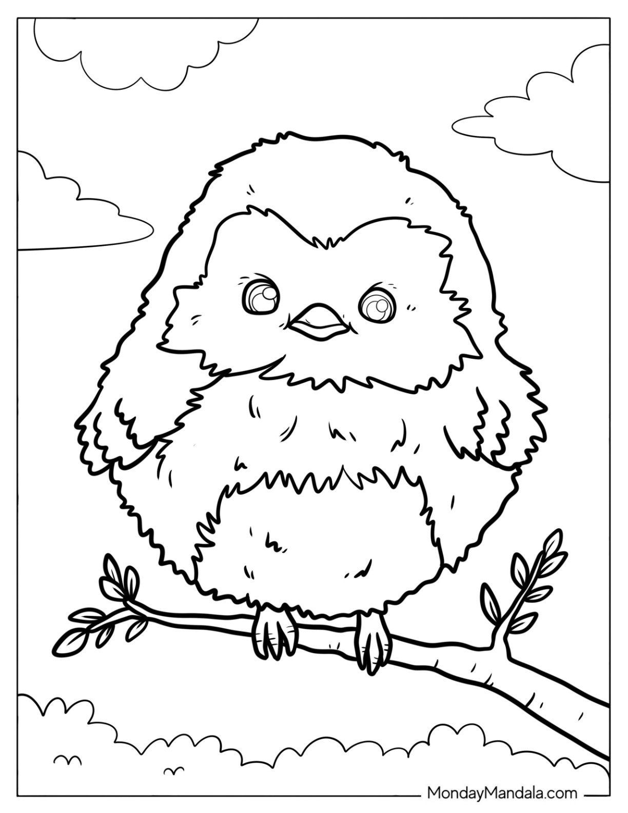 Cute Coloring Page of Furry Baby Bird on a Tree Branch for Kids