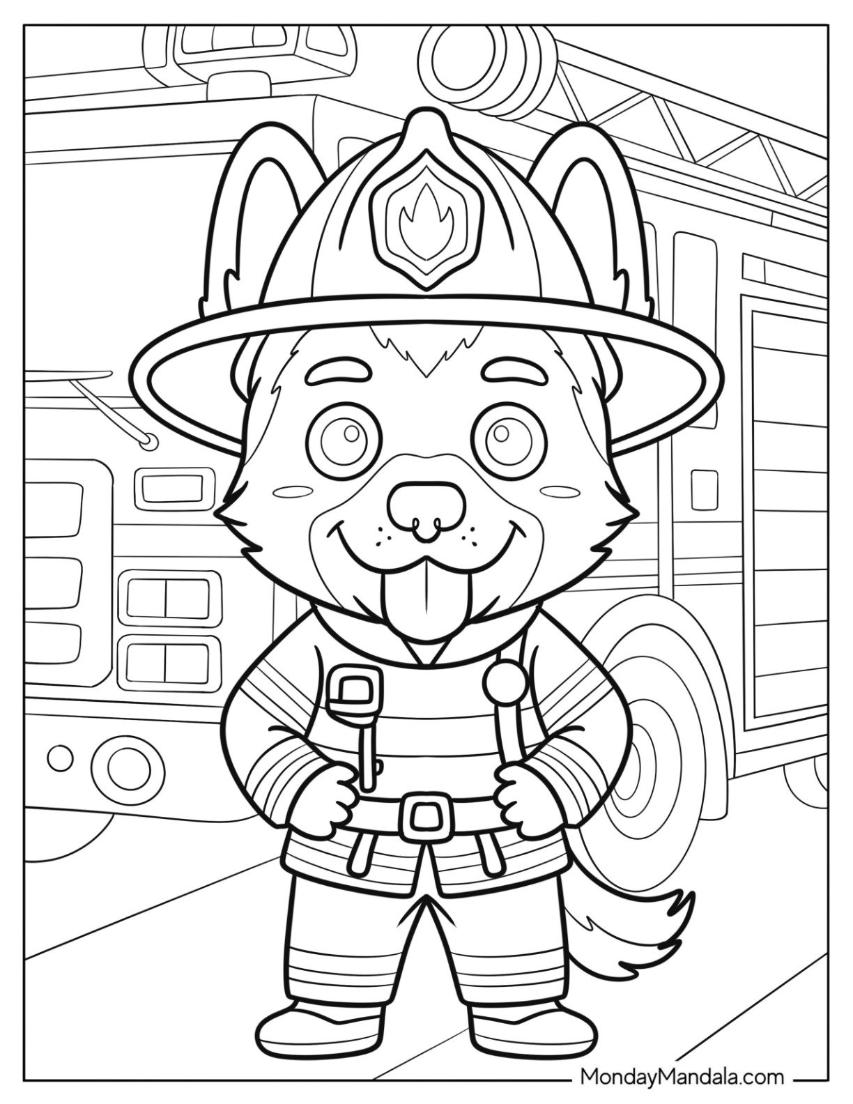 Cute German Shepherd Coloring Page Fireman in front of a Firetruck for Kids