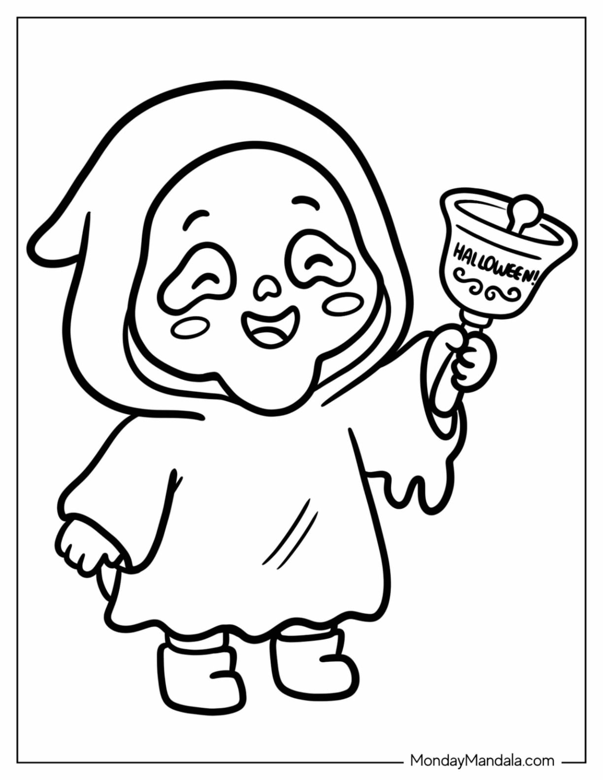 Cute Ghost Face Ringing a Halloween Bell Coloring Page for Preschoolers